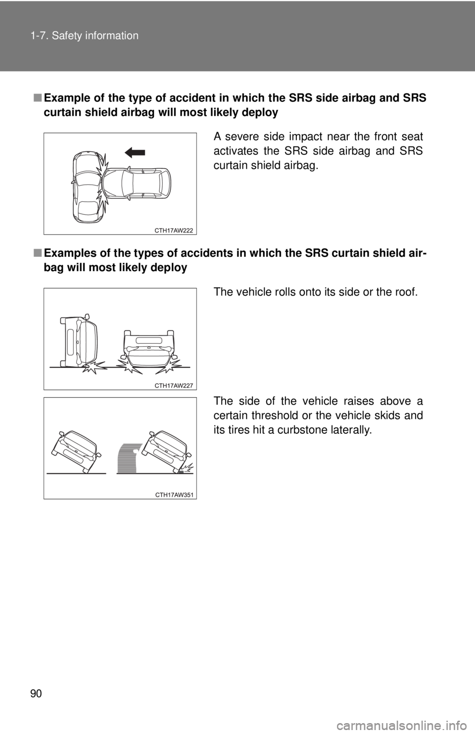 TOYOTA 86 2017 Manual Online 901-7. Safety information
■ Example of the type of accident in which the SRS side airbag and SRS
curtain shield airbag will most likely deploy
■ Examples of the types of accidents in which the SR TOYOTA 86 2017 Manual Online 901-7. Safety information
■ Example of the type of accident in which the SRS side airbag and SRS
curtain shield airbag will most likely deploy
■ Examples of the types of accidents in which the SR
