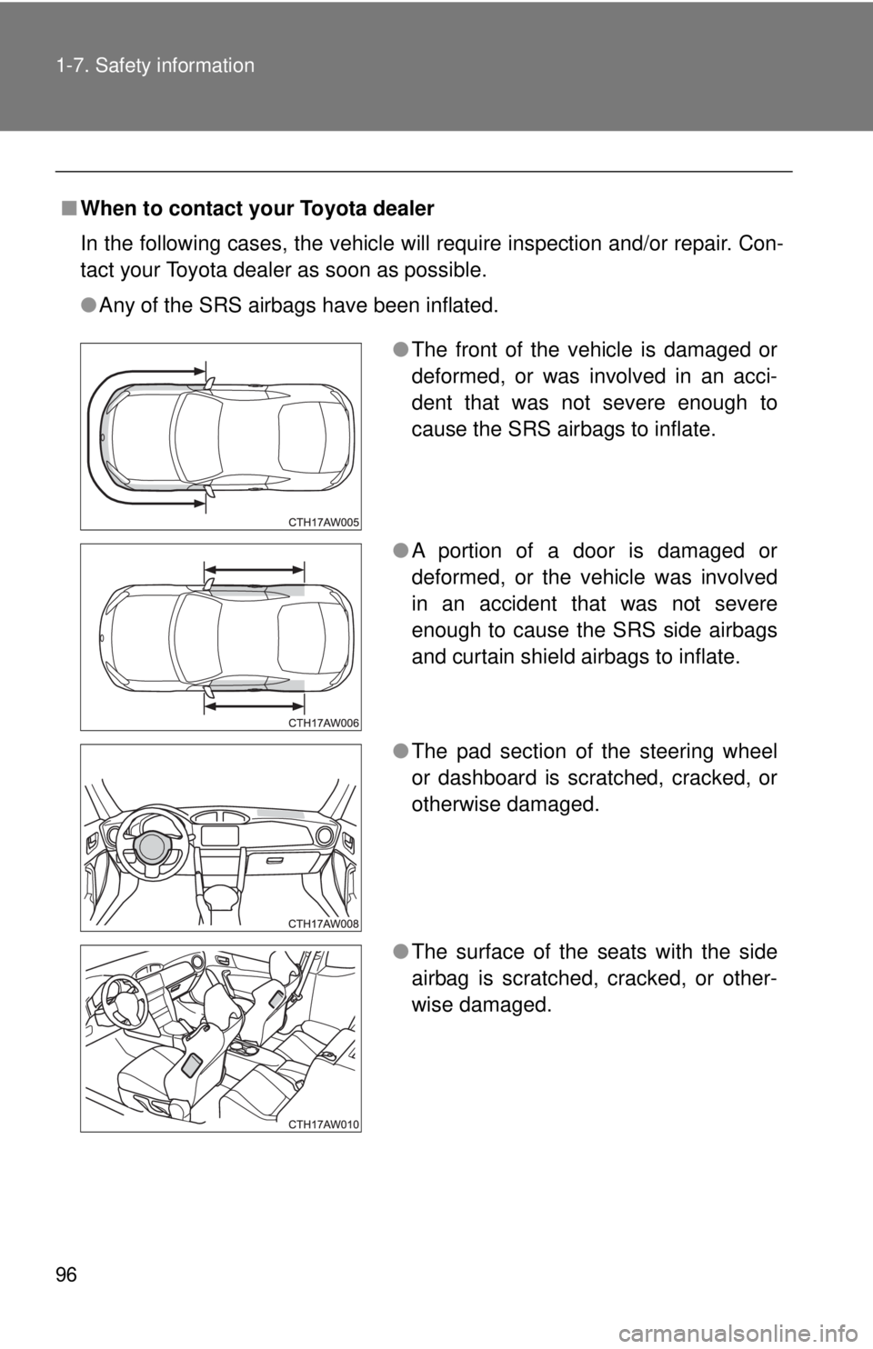 TOYOTA 86 2017 Owners Manual 961-7. Safety information
■ When to contact your Toyota dealer
In the following cases, the vehicle will require inspection and/or repair. Con-
tact your Toyota dealer as soon as possible.
● Any of TOYOTA 86 2017 Owners Manual 961-7. Safety information
■ When to contact your Toyota dealer
In the following cases, the vehicle will require inspection and/or repair. Con-
tact your Toyota dealer as soon as possible.
● Any of