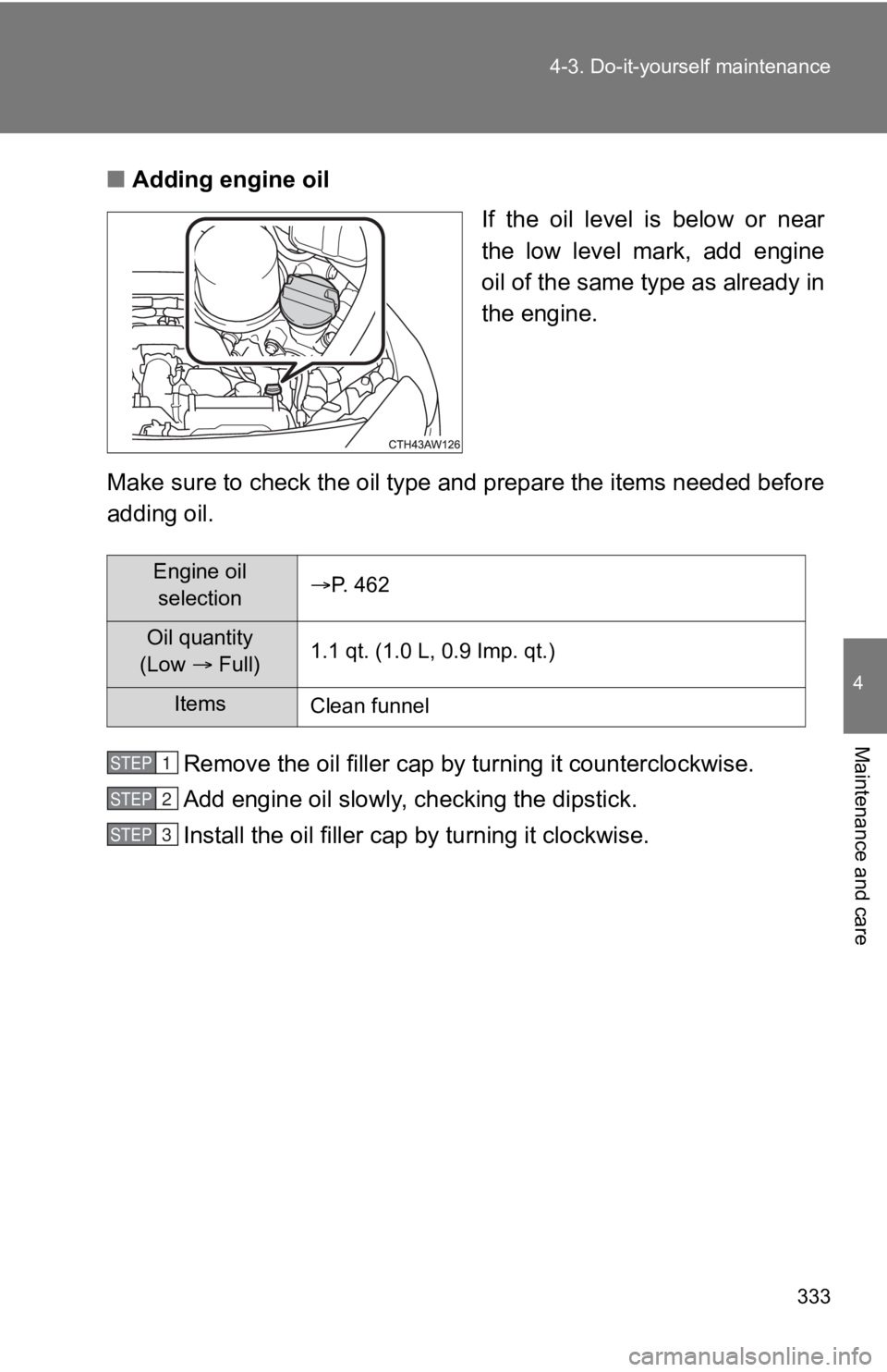 TOYOTA 86 2020 Owners Manual 333
4-3. Do-it-yourself maintenance
4
Maintenance and care
■
Adding engine oil
If the oil level is below or near
the low level mark, add engine
oil of the same type as already in
the eng TOYOTA 86 2020 Owners Manual 333
4-3. Do-it-yourself maintenance
4
Maintenance and care
■
Adding engine oil
If the oil level is below or near
the low level mark, add engine
oil of the same type as already in
the eng