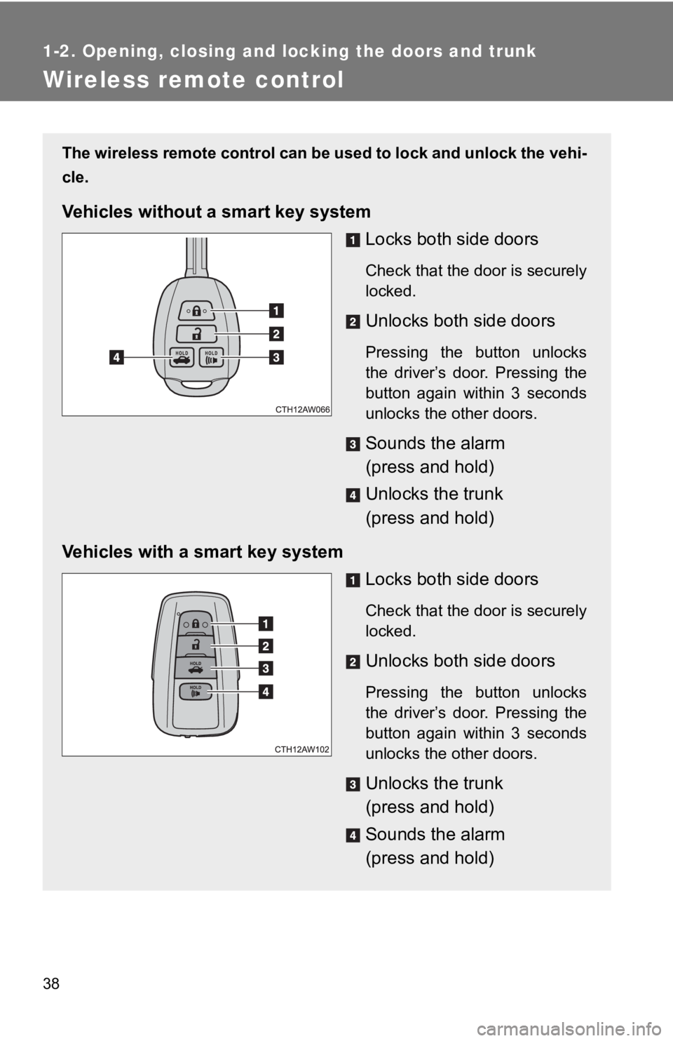 TOYOTA 86 2020 Owners Guide 38
1-2. Opening, closing and locking the doors and trunk
Wireless remote control
The wireless remote control can be used to lock and unlock the vehi-
cle.
Vehicles without a  smart key system
Locks bo