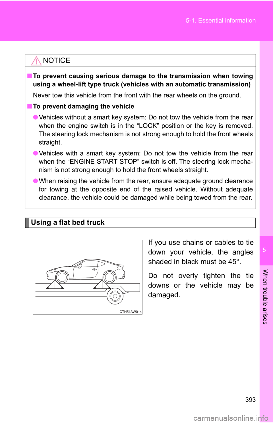 TOYOTA 86 2020 Owners Manual 5
When trouble arises
393
5-1. Essential
information
Using a flat bed truck
If you use chains or cables to tie
down your vehicle, the angles
shaded in black must be 45.
Do not overly tighte TOYOTA 86 2020 Owners Manual 5
When trouble arises
393
5-1. Essential
information
Using a flat bed truck
If you use chains or cables to tie
down your vehicle, the angles
shaded in black must be 45.
Do not overly tighte
