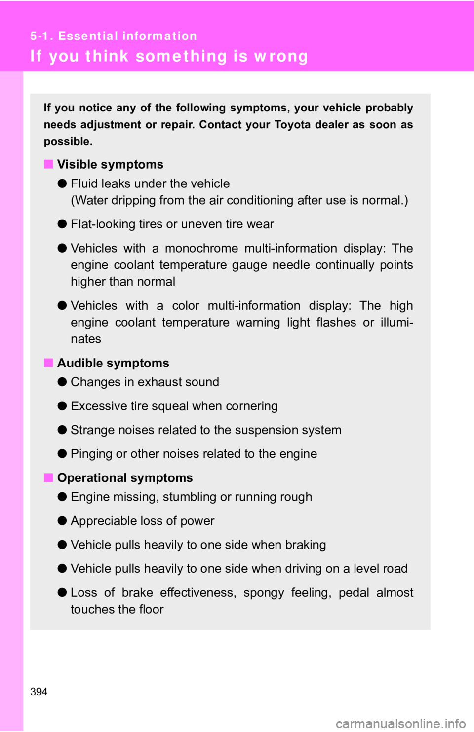 TOYOTA 86 2020 Owners Manual 394
5-1. Essential information
If you think something is wrong
If you notice any of the following symptoms, your vehicle proba bly
needs adjustment or repair. Cont act your Toyota de TOYOTA 86 2020 Owners Manual 394
5-1. Essential information
If you think something is wrong
If you notice any of the following symptoms, your vehicle proba bly
needs adjustment or repair. Cont act your Toyota de