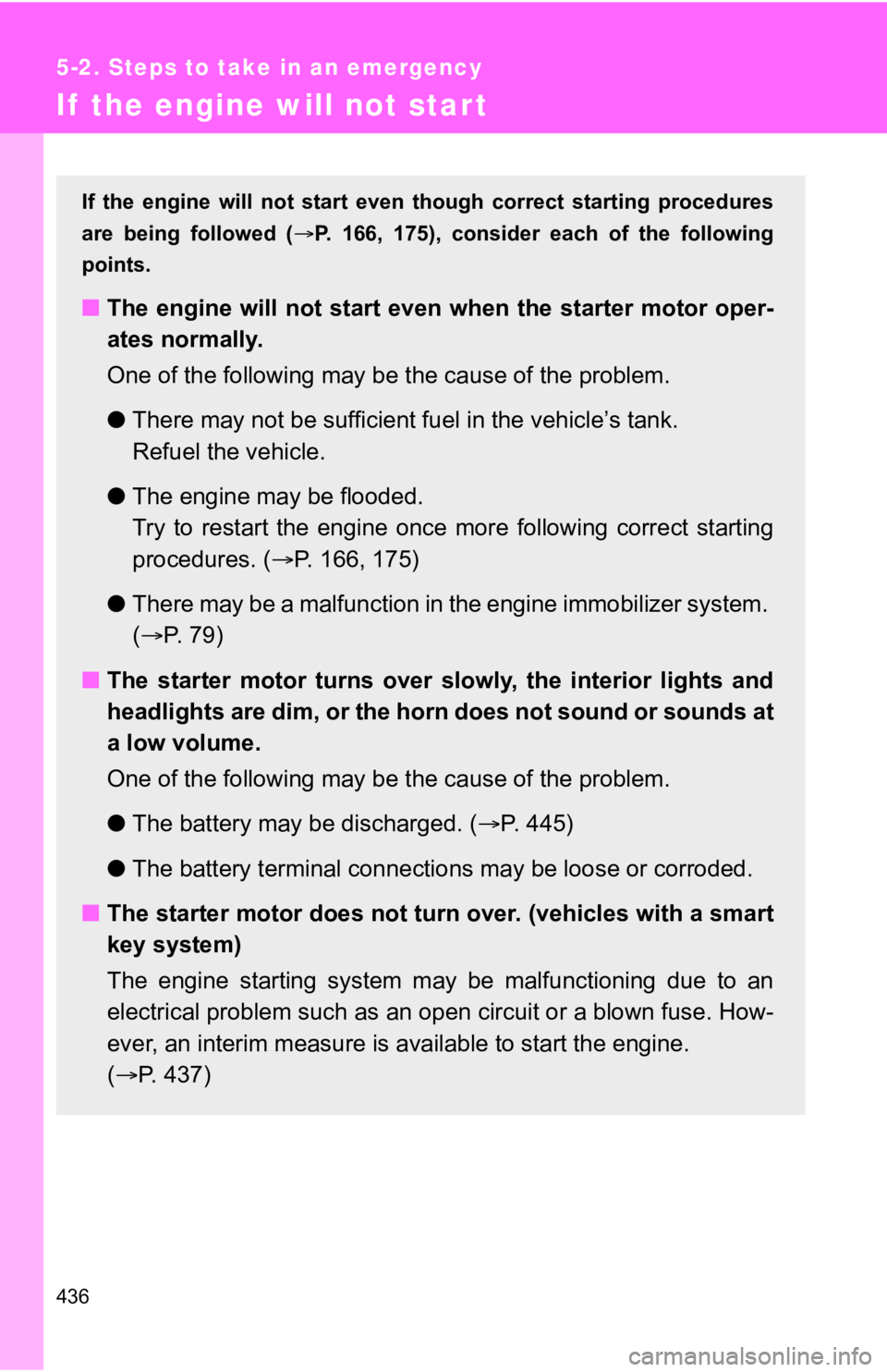 TOYOTA 86 2020 Owners Manual 436
5-2. Steps to take in an emergency
If the engine will not start
If the engine will not start even though correct starting procedures
are being followed ( P. 166, 175), consider TOYOTA 86 2020 Owners Manual 436
5-2. Steps to take in an emergency
If the engine will not start
If the engine will not start even though correct starting procedures
are being followed ( P. 166, 175), consider