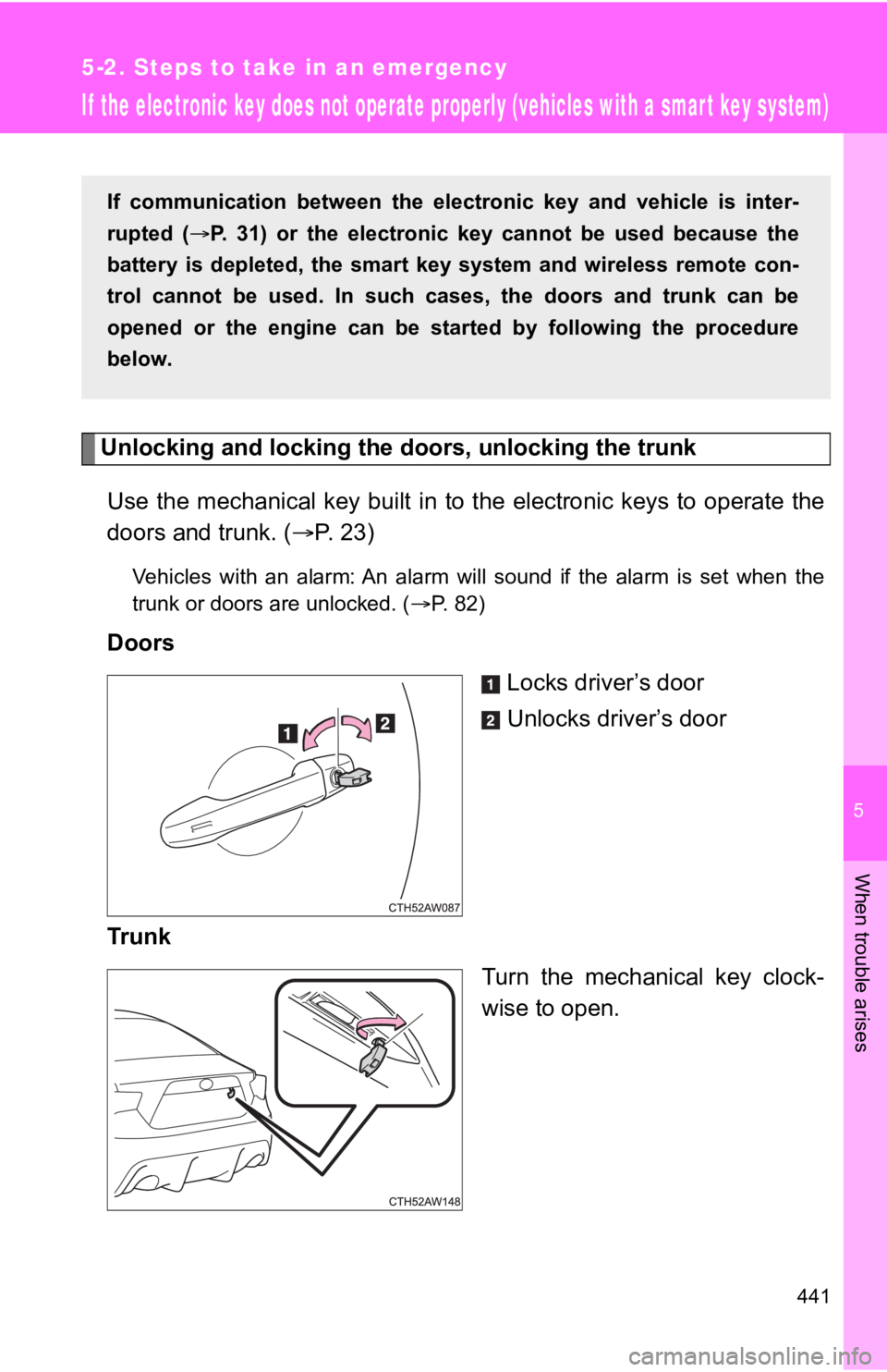 TOYOTA 86 2020 Owners Manual 5
When trouble arises
441
5-2. Steps to take in an emergency
If the electronic key does not operate properly (vehicles with a smar t key system)
Unlocking and locking the doors, unlocking the trunk
U TOYOTA 86 2020 Owners Manual 5
When trouble arises
441
5-2. Steps to take in an emergency
If the electronic key does not operate properly (vehicles with a smar t key system)
Unlocking and locking the doors, unlocking the trunk
U