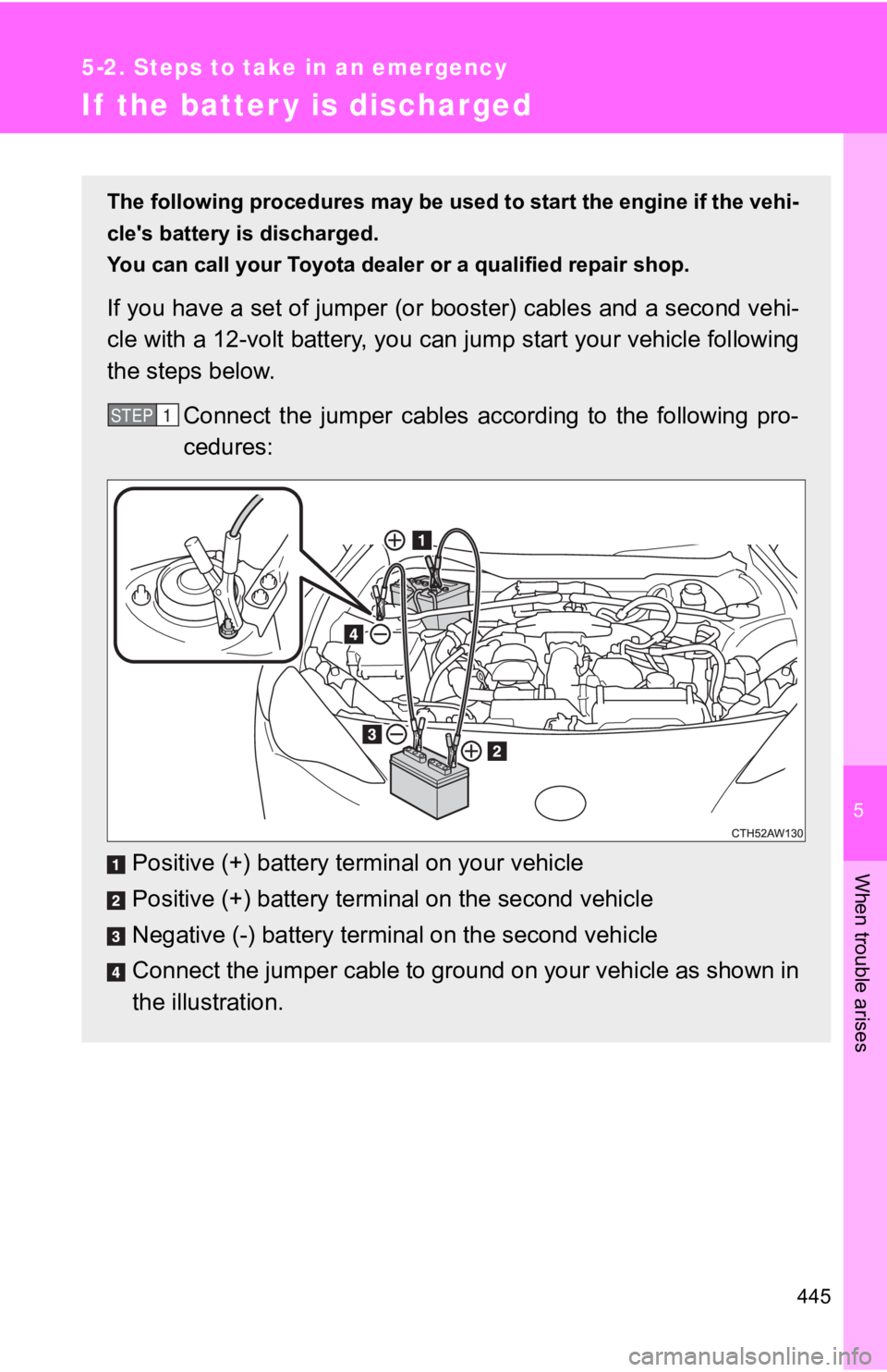 TOYOTA 86 2020 Owners Manual 5
When trouble arises
445
5-2. Steps to take in an emergency
If the batter y is discharged
The following procedures may be used to start the engine if the vehi-
cle's battery is discharged.
You TOYOTA 86 2020 Owners Manual 5
When trouble arises
445
5-2. Steps to take in an emergency
If the batter y is discharged
The following procedures may be used to start the engine if the vehi-
cle's battery is discharged.
You