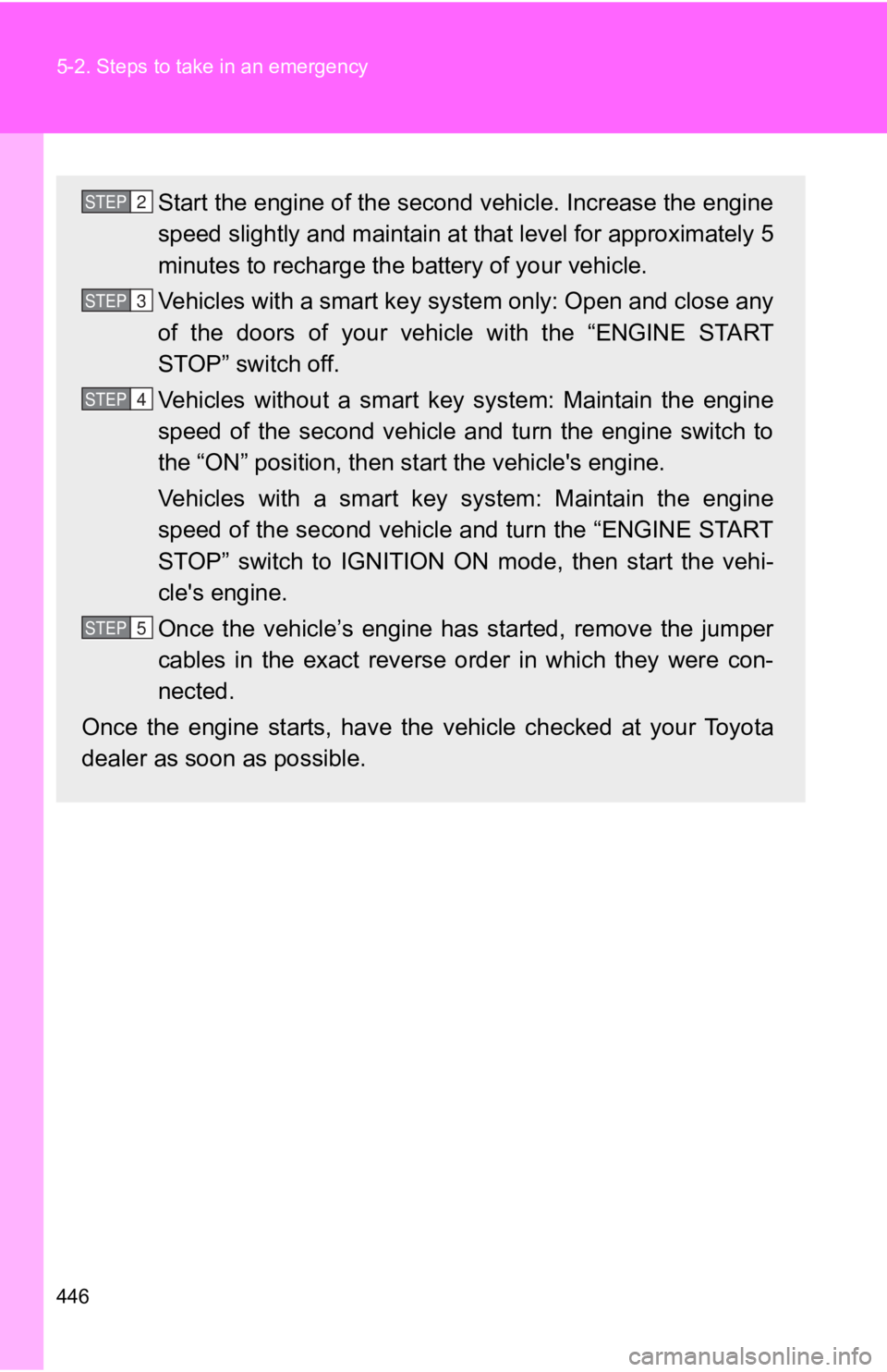 TOYOTA 86 2020 Owners Manual 446 5-2. Steps to take in an emergency
Start the engine of the second vehicle. Increase the engine
speed slightly and maintain at that level for approximately 5
minutes to recharge the battery of your TOYOTA 86 2020 Owners Manual 446 5-2. Steps to take in an emergency
Start the engine of the second vehicle. Increase the engine
speed slightly and maintain at that level for approximately 5
minutes to recharge the battery of your