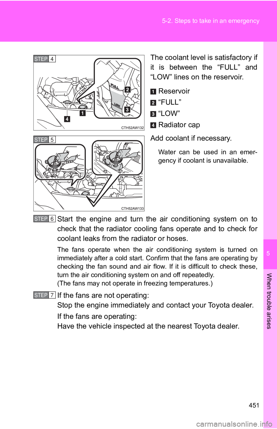 TOYOTA 86 2020  Owners Manual 5
When trouble arises
451
5-2. Steps to take in an emergency
The coolant level is satisfactory if
it  is  between  the  “FULL”  and
“LOW” lines on the reservoir.
Reservoir
“FULL”
“LOW”