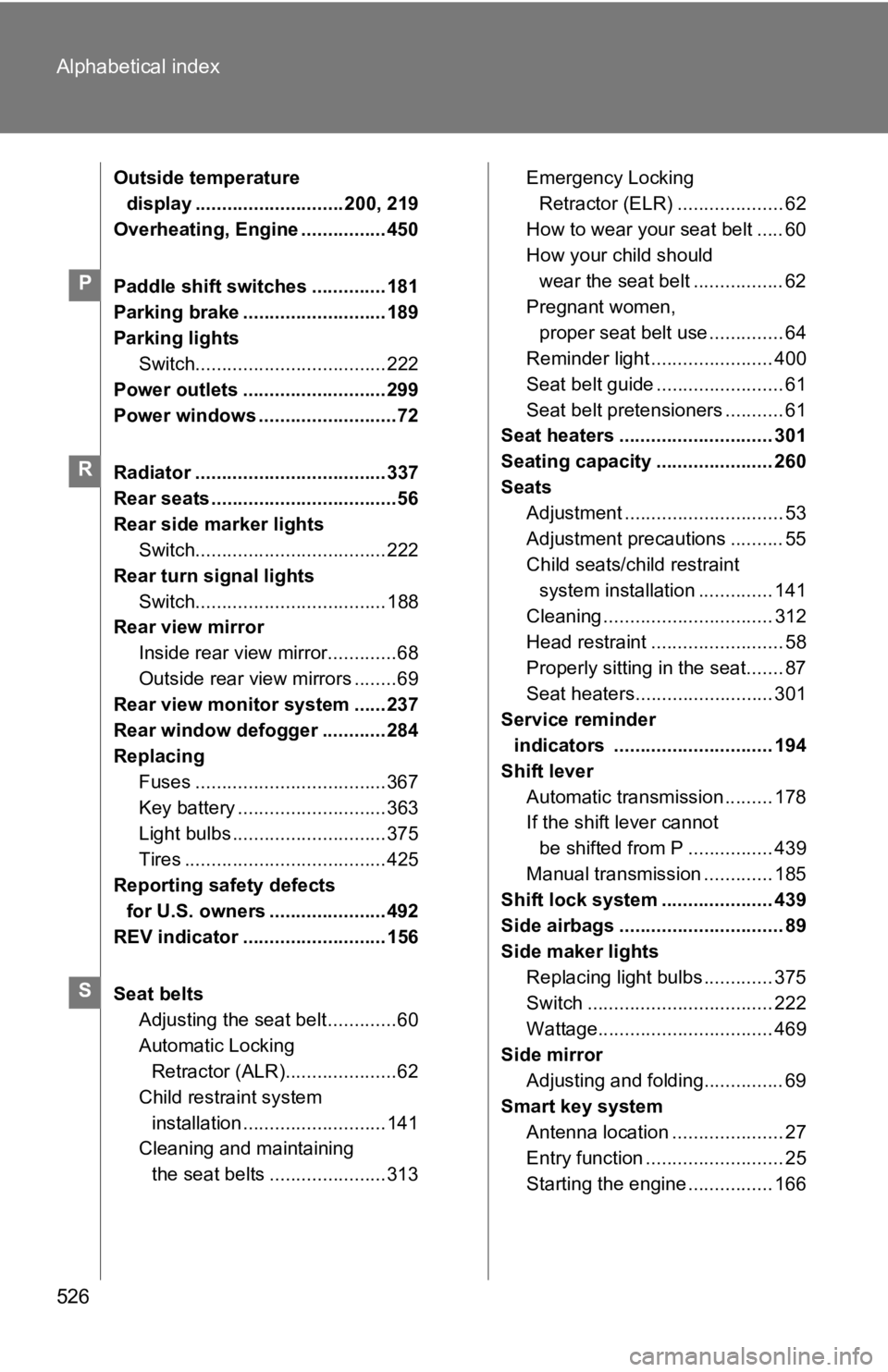 TOYOTA 86 2020  Owners Manual 526 Alphabetical index
Outside temperature display ............................ 200, 219
Overheating, Engine ................450
Paddle shift switches .............. 181
Parking brake ................