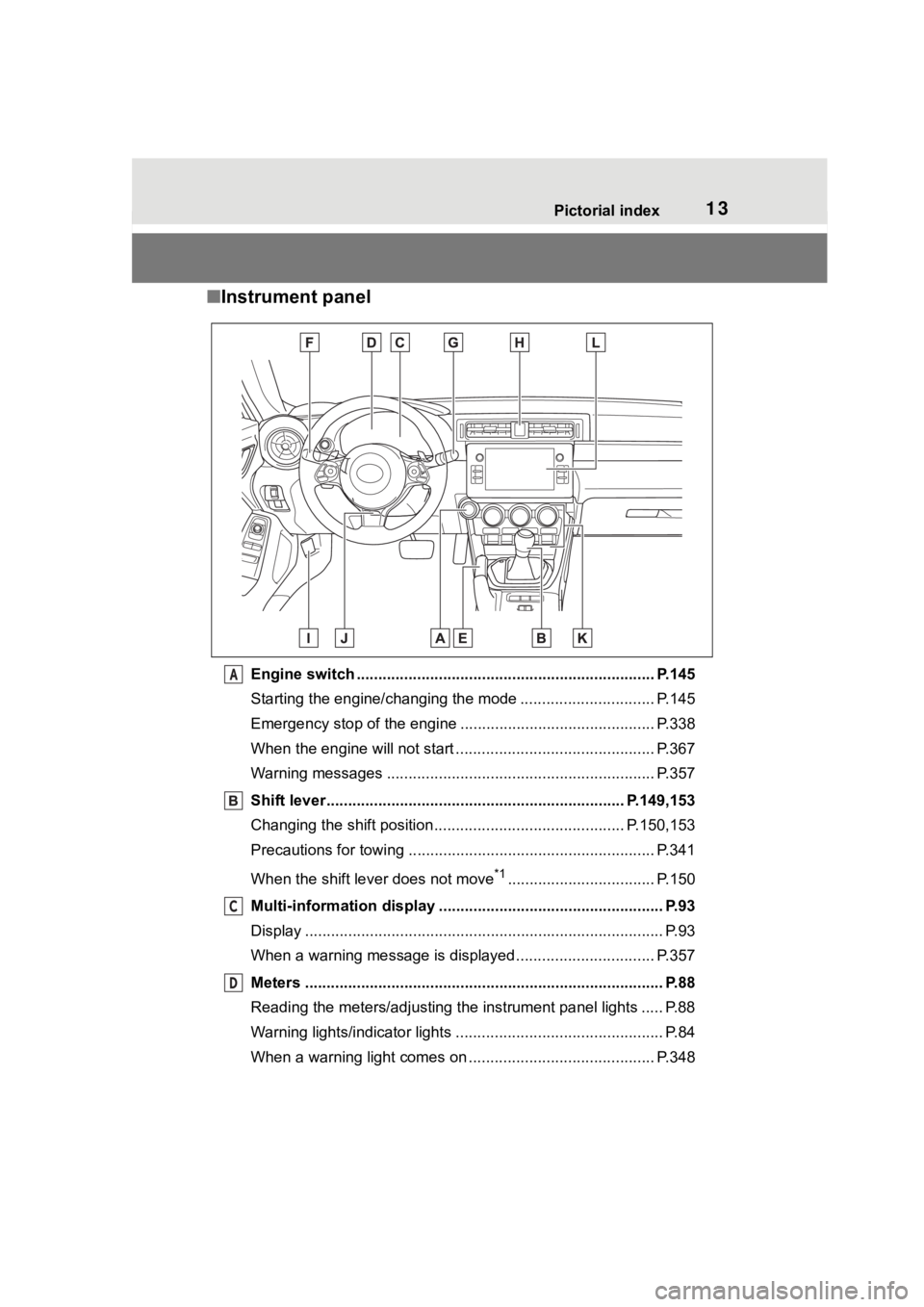 TOYOTA 86 2022 User Guide 13Pictorial index
■Instrument panel
Engine switch ..................................................................... P.145
Starting the engine/changing the mode .......................... ..... P TOYOTA 86 2022 User Guide 13Pictorial index
■Instrument panel
Engine switch ..................................................................... P.145
Starting the engine/changing the mode .......................... ..... P