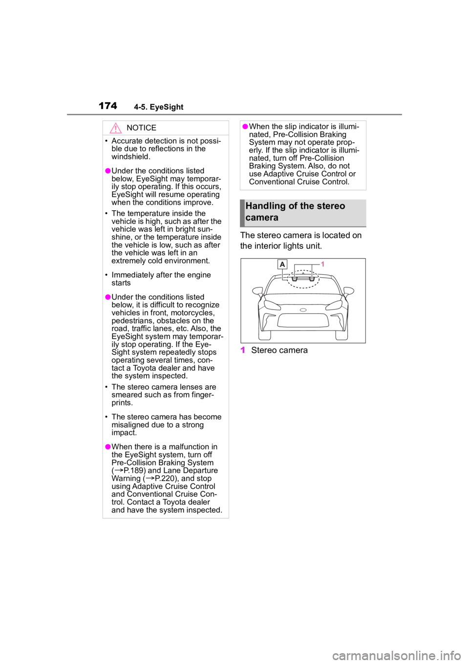 TOYOTA 86 2022  Owners Manual 1744-5. EyeSight
The stereo camera is located on 
the interior lights unit.
1Stereo camera
NOTICE
• Accurate detecti on is not possi-
ble due to reflections in the 
windshield.
●Under the conditio