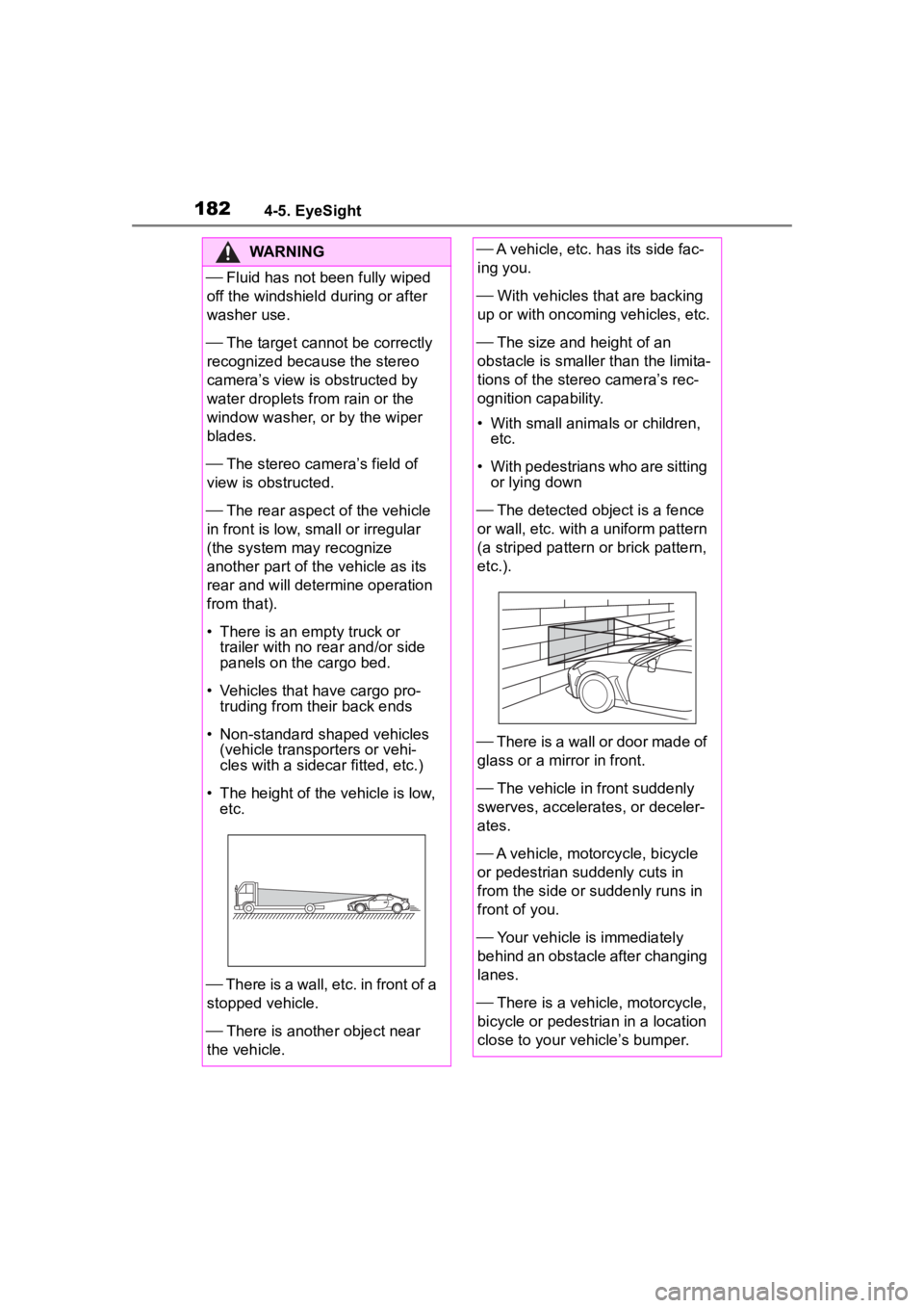 TOYOTA 86 2022  Owners Manual 1824-5. EyeSight
WARNING
 Fluid has not been fully wiped 
off the windshield during or after 
washer use.
 The target cannot be correctly 
recognized because the stereo 
camera’s view is obstr