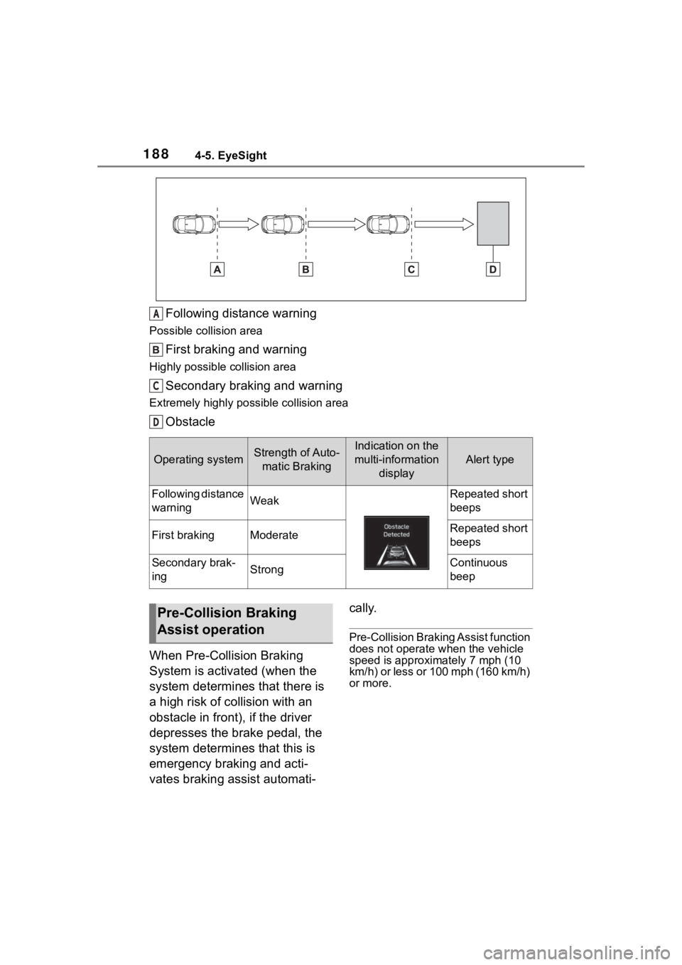 TOYOTA 86 2022  Owners Manual 1884-5. EyeSight
Following distance warning
Possible collision area
First braking and warning
Highly possible collision area
Secondary braking and warning
Extremely highly possible collision area
Obst