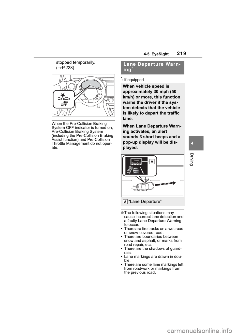 TOYOTA 86 2022  Owners Manual 2194-5. EyeSight
4
Driving
stopped temporarily. 
(P.228)
When the Pre-Collision Braking 
System OFF indicator is turned on, 
Pre-Collision Br aking System 
(including the Pre-Collision Braking 
Ass