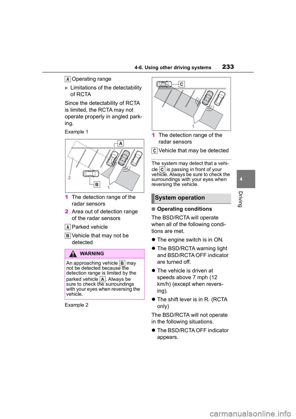 TOYOTA 86 2022 Owners Manual 2334-6. Using other driving systems
4
Driving
Operating range
Limitations of the detectability
of RCTA
Since the detectability of RCTA
is limited, the RCTA may not
operate properly in angled par TOYOTA 86 2022 Owners Manual 2334-6. Using other driving systems
4
Driving
Operating range
Limitations of the detectability
of RCTA
Since the detectability of RCTA
is limited, the RCTA may not
operate properly in angled par