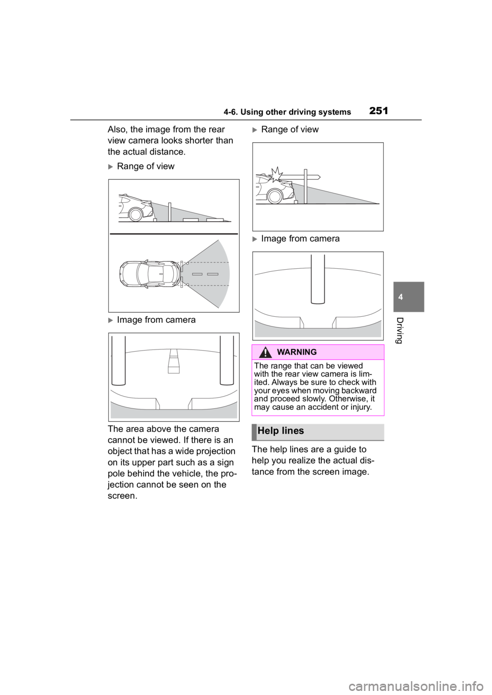 TOYOTA 86 2022 Owners Manual 2514-6. Using other driving systems
4
Driving
Also, the image from the rear
view camera looks shorter than
the actual distance.
Range of view
Image from camera
The area above the camera
canno TOYOTA 86 2022 Owners Manual 2514-6. Using other driving systems
4
Driving
Also, the image from the rear
view camera looks shorter than
the actual distance.
Range of view
Image from camera
The area above the camera
canno