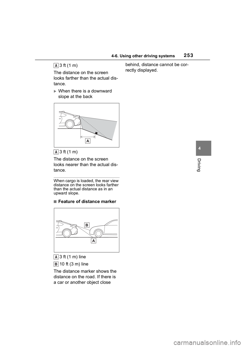 TOYOTA 86 2022 Owners Manual 2534-6. Using other driving systems
4
Driving
3 ft (1 m)
The distance on the screen
looks farther than the actual dis-
tance.
When there is a downward
slope at the back
3 ft (1 m)
The distance on TOYOTA 86 2022 Owners Manual 2534-6. Using other driving systems
4
Driving
3 ft (1 m)
The distance on the screen
looks farther than the actual dis-
tance.
When there is a downward
slope at the back
3 ft (1 m)
The distance on