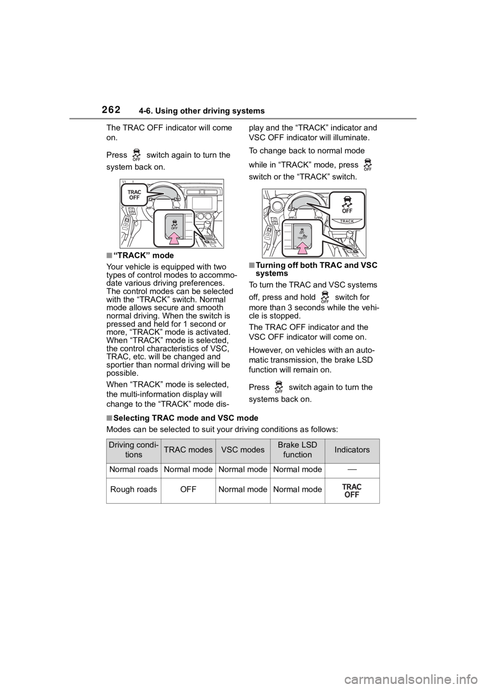 TOYOTA 86 2022 Owners Manual 2624-6. Using other driving systems
The TRAC OFF indicator will come
on.
Press switch again to turn the
system back on.
■“TRACK” mode
Your vehicle is equipped with two
types of control mode TOYOTA 86 2022 Owners Manual 2624-6. Using other driving systems
The TRAC OFF indicator will come
on.
Press switch again to turn the
system back on.
■“TRACK” mode
Your vehicle is equipped with two
types of control mode