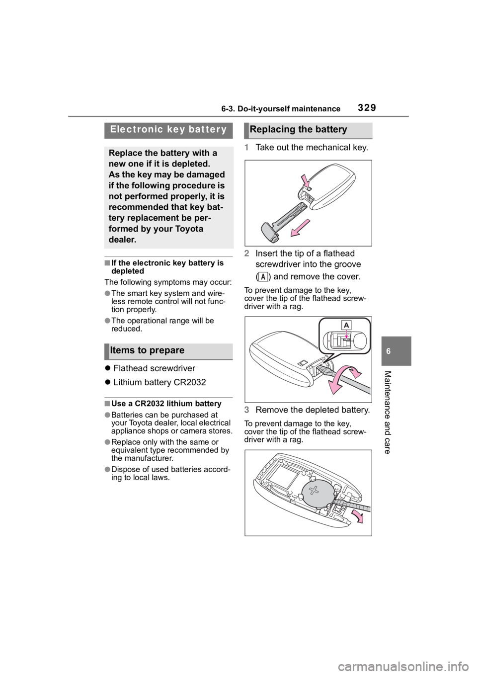 TOYOTA 86 2022 Owners Manual 3296-3. Do-it-yourself maintenance
6
Maintenance and care
■If the electronic key battery is
depleted
The following symptoms may occur:
●The smart key system and wire-
less remote contr ol will no TOYOTA 86 2022 Owners Manual 3296-3. Do-it-yourself maintenance
6
Maintenance and care
■If the electronic key battery is
depleted
The following symptoms may occur:
●The smart key system and wire-
less remote contr ol will no