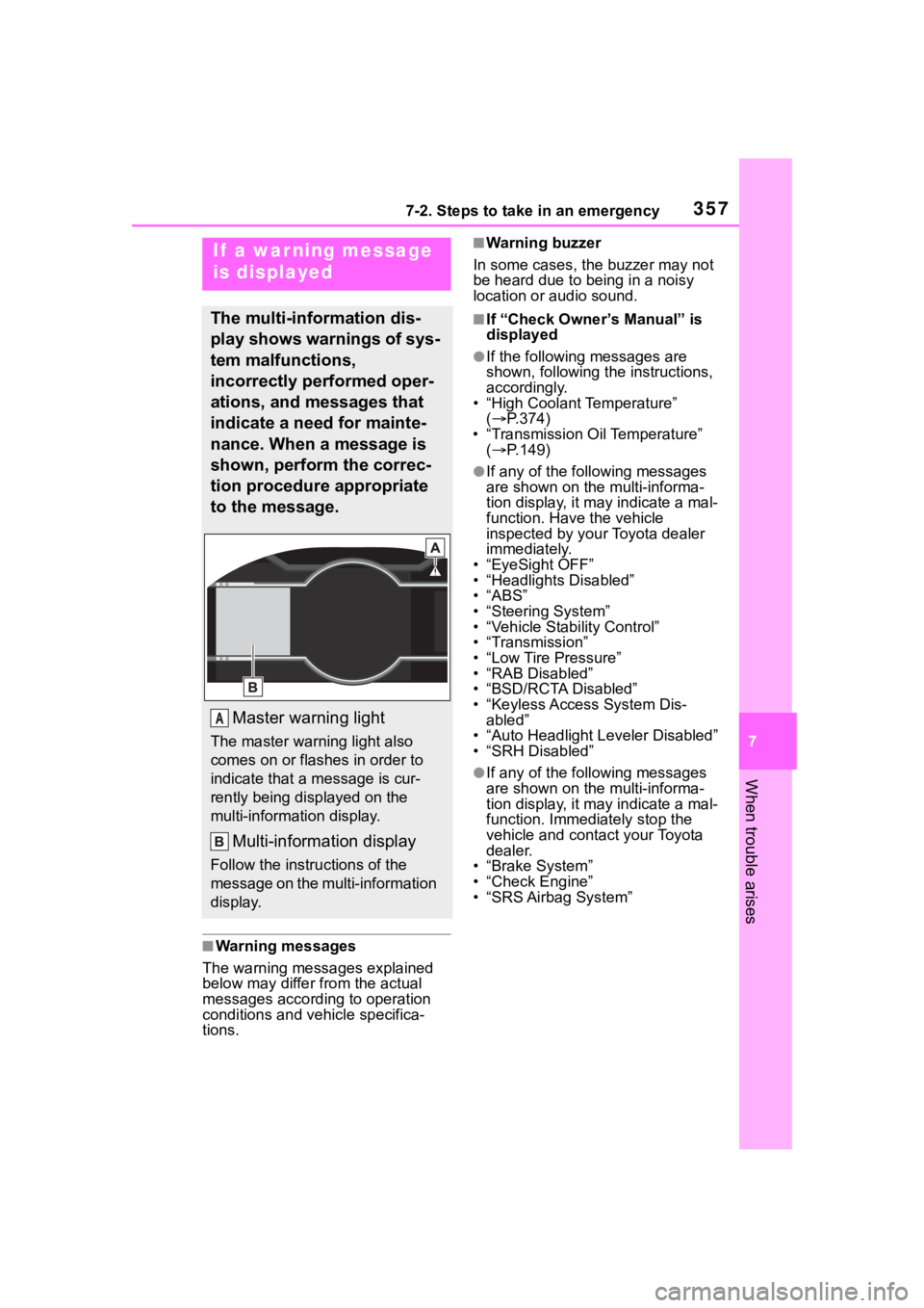 TOYOTA 86 2022  Owners Manual 3577-2. Steps to take in an emergency
7
When trouble arises
■Warning messages
The warning messages explained 
below may differ from the actual 
messages according to operation 
conditions and vehicl