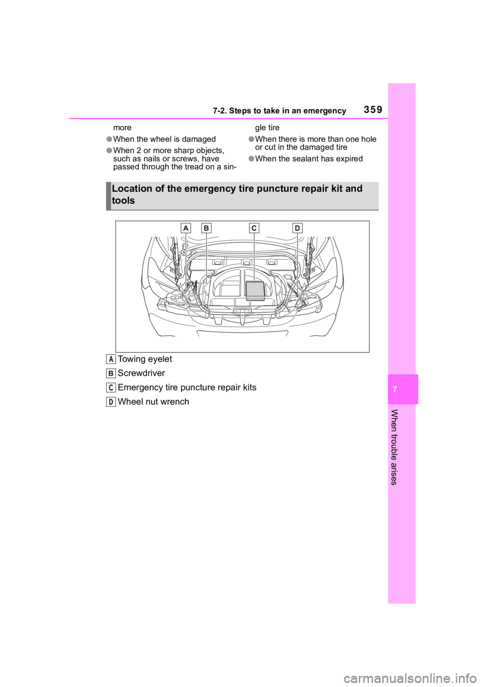 TOYOTA 86 2022  Owners Manual 3597-2. Steps to take in an emergency
7
When trouble arises
more
●When the wheel is damaged
●When 2 or more sharp objects, 
such as nails or screws, have 
passed through the tread on a sin- gle ti