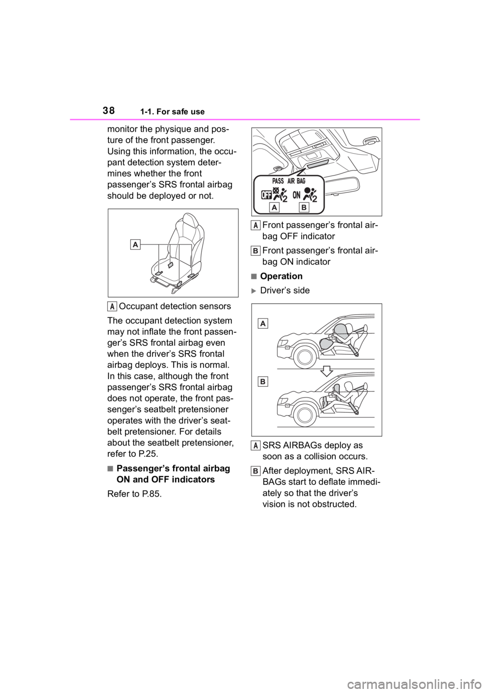 TOYOTA 86 2022 Owners Guide 381-1. For safe use
monitor the physique and pos-
ture of the front passenger. 
Using this information, the occu-
pant detection system deter-
mines whether the front 
passenger’s SRS frontal airbag