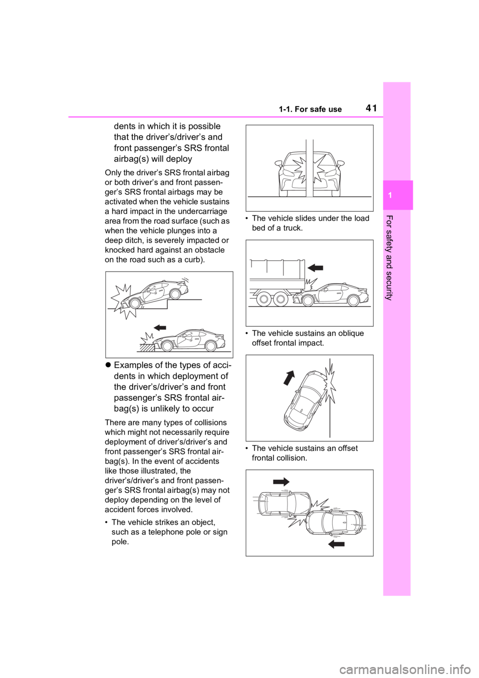 TOYOTA 86 2022 Service Manual 411-1. For safe use
1
For safety and security
dents in which it is possible
that the driver’s/driver’s and
front passenger’s SRS frontal
airbag(s) will deploy
Only the driver’s SRS frontal TOYOTA 86 2022 Service Manual 411-1. For safe use
1
For safety and security
dents in which it is possible
that the driver’s/driver’s and
front passenger’s SRS frontal
airbag(s) will deploy
Only the driver’s SRS frontal