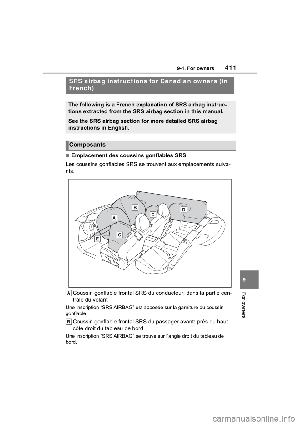 TOYOTA 86 2022  Owners Manual 4119-1. For owners
9
For owners
■Emplacement des coussins gonflables SRS
Les coussins gonflables SRS se trouvent aux emplacements suiva-
nts.
Coussin gonflable frontal SRS du conducteur: dans la par
