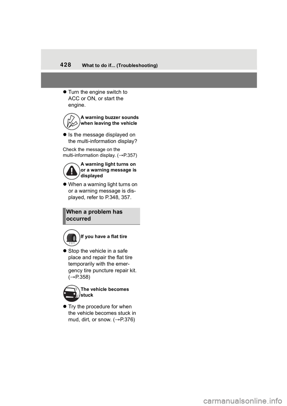 TOYOTA 86 2022 Owners Manual 428What to do if... (Troubleshooting)
Turn the engine switch to
ACC or ON, or start the
engine.
Is the message displayed on
the multi-information display?
Check the message on the
multi-inf TOYOTA 86 2022 Owners Manual 428What to do if... (Troubleshooting)
Turn the engine switch to
ACC or ON, or start the
engine.
Is the message displayed on
the multi-information display?
Check the message on the
multi-inf