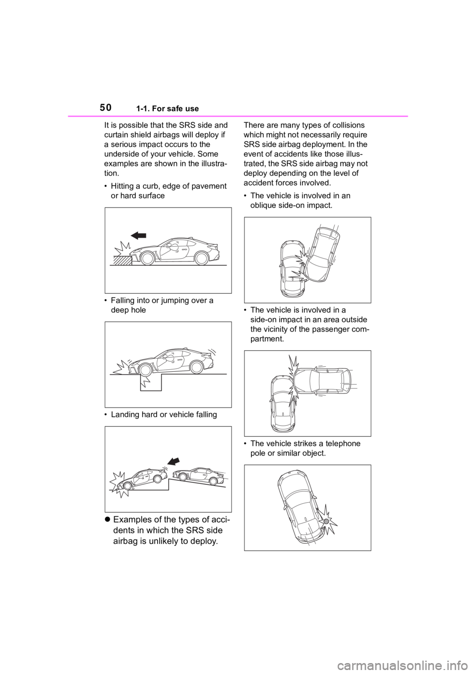 TOYOTA 86 2022 Service Manual 501-1. For safe use
It is possible that the SRS side and
curtain shield airbags will deploy if
a serious impact occurs to the
underside of your vehicle. Some
examples are shown in the illustra-
t TOYOTA 86 2022 Service Manual 501-1. For safe use
It is possible that the SRS side and
curtain shield airbags will deploy if
a serious impact occurs to the
underside of your vehicle. Some
examples are shown in the illustra-
t