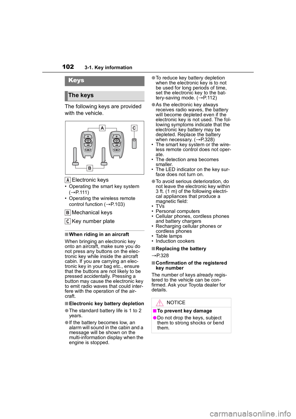 TOYOTA 86 2023 Owners Manual 1023-1. Key information
3-1.Key information
The following keys are provided
with the vehicle.Electronic keys
• Operating the smart key system ( P. 1 1 1 )
• Operating the wireless remote cont TOYOTA 86 2023 Owners Manual 1023-1. Key information
3-1.Key information
The following keys are provided
with the vehicle.Electronic keys
• Operating the smart key system ( P. 1 1 1 )
• Operating the wireless remote cont