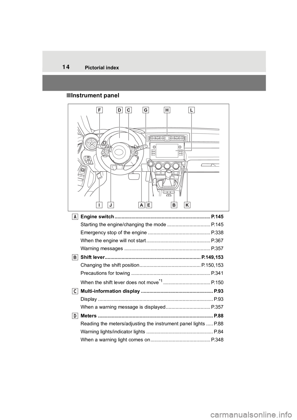 TOYOTA 86 2023 User Guide 14Pictorial index
■Instrument panel
Engine switch ..................................................................... P.145
Starting the engine/changing the mode .......................... ..... P