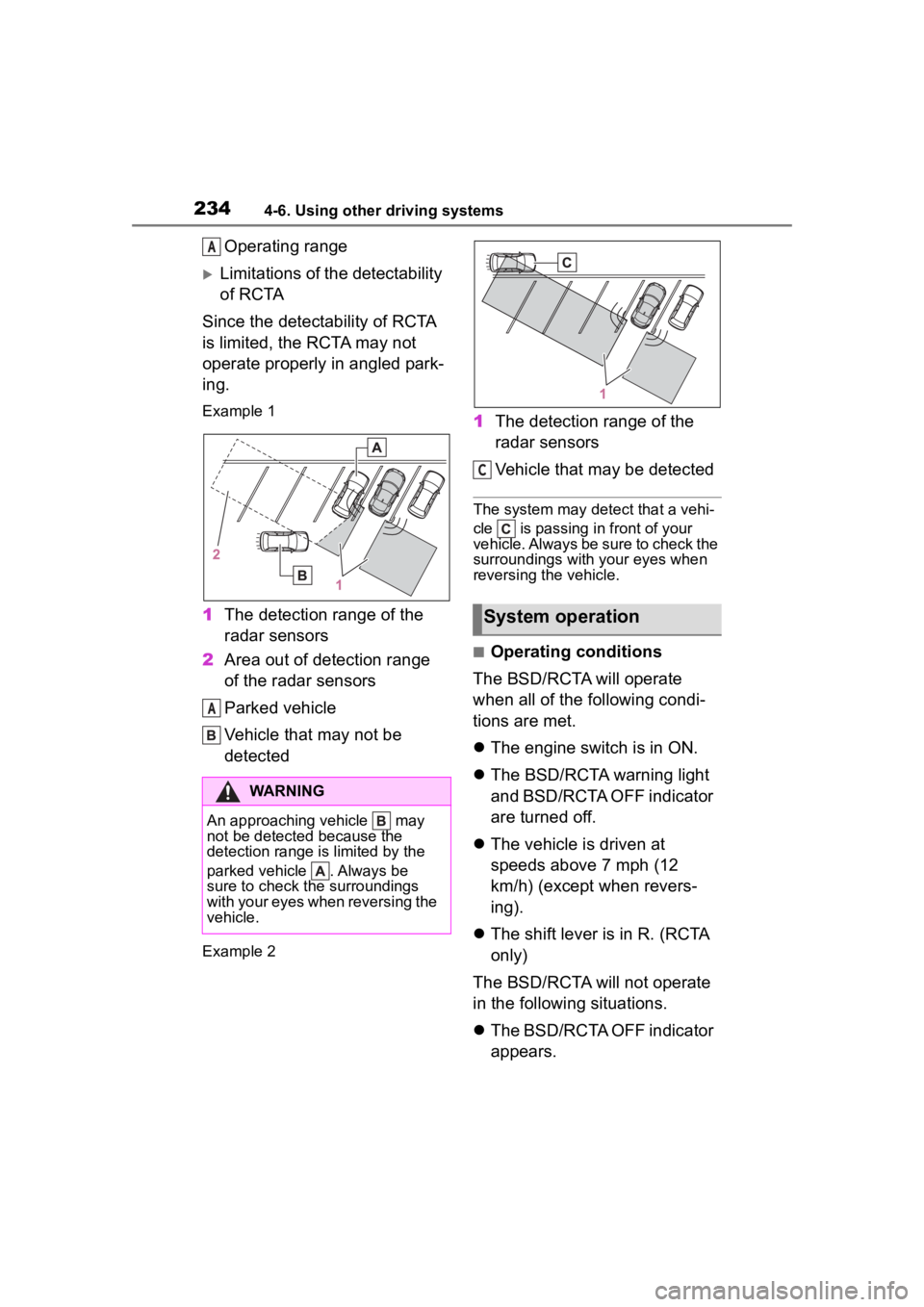 TOYOTA 86 2023 Owners Manual 2344-6. Using other driving systems
Operating range
Limitations of the detectability
of RCTA
Since the detectability of RCTA
is limited, the RCTA may not
operate properly in angled park-
ing.
Ex TOYOTA 86 2023 Owners Manual 2344-6. Using other driving systems
Operating range
Limitations of the detectability
of RCTA
Since the detectability of RCTA
is limited, the RCTA may not
operate properly in angled park-
ing.
Ex