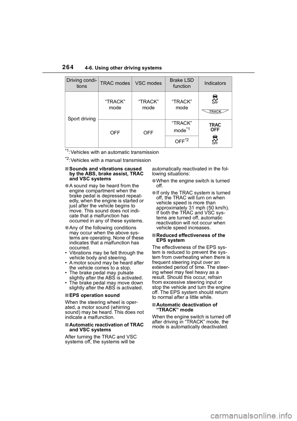 TOYOTA 86 2023 Owners Manual 2644-6. Using other driving systems
*1: Vehicles with an automatic transmission
*2: Vehicles with a manual transmission
■Sounds and vibrations caused
by the ABS, brake assist, TRAC
and VSC systems TOYOTA 86 2023 Owners Manual 2644-6. Using other driving systems
*1: Vehicles with an automatic transmission
*2: Vehicles with a manual transmission
■Sounds and vibrations caused
by the ABS, brake assist, TRAC
and VSC systems