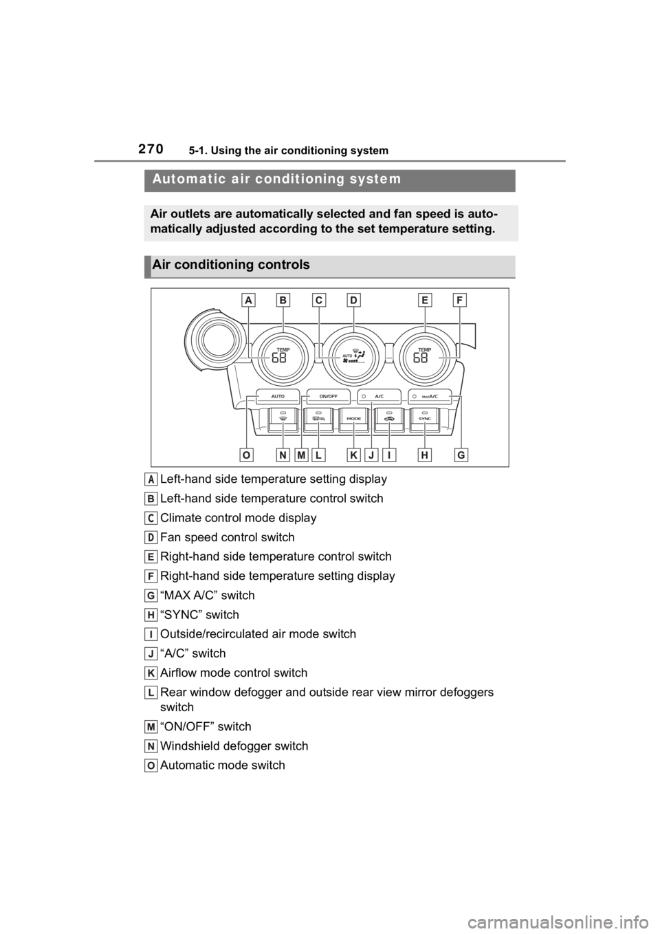 TOYOTA 86 2023 Owners Manual 2705-1. Using the air conditioning system
5-1.Using the air conditioning system
Left-hand side temperature setting display
Left-hand side temperature control switch
Climate control mode display
Fan sp TOYOTA 86 2023 Owners Manual 2705-1. Using the air conditioning system
5-1.Using the air conditioning system
Left-hand side temperature setting display
Left-hand side temperature control switch
Climate control mode display
Fan sp