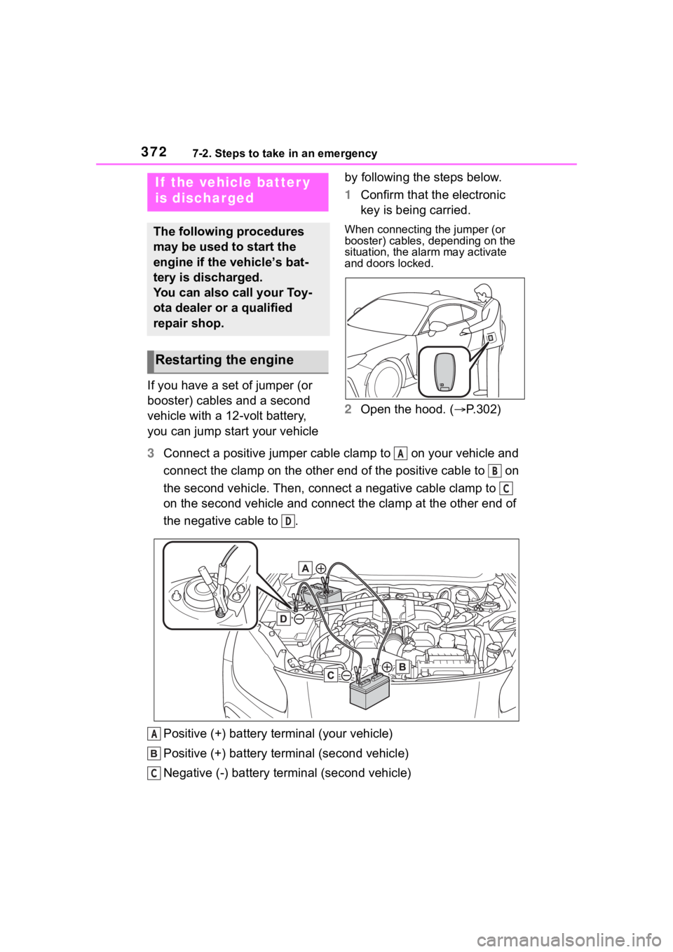 TOYOTA 86 2023 Owners Manual 3727-2. Steps to take in an emergency
If you have a set of jumper (or
booster) cables and a second
vehicle with a 12-volt battery,
you can jump start your vehicle by following the steps below.
1
C TOYOTA 86 2023 Owners Manual 3727-2. Steps to take in an emergency
If you have a set of jumper (or
booster) cables and a second
vehicle with a 12-volt battery,
you can jump start your vehicle by following the steps below.
1
C