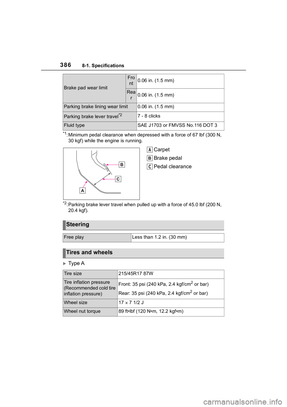 TOYOTA 86 2023  Owners Manual 3868-1. Specifications
*1: Minimum pedal clearance when depressed with a force of 67 lbf (300 N, 
30 kgf) while the engine is running.
Carpet
Brake pedal
Pedal clearance
*2: Parking brake lever travel