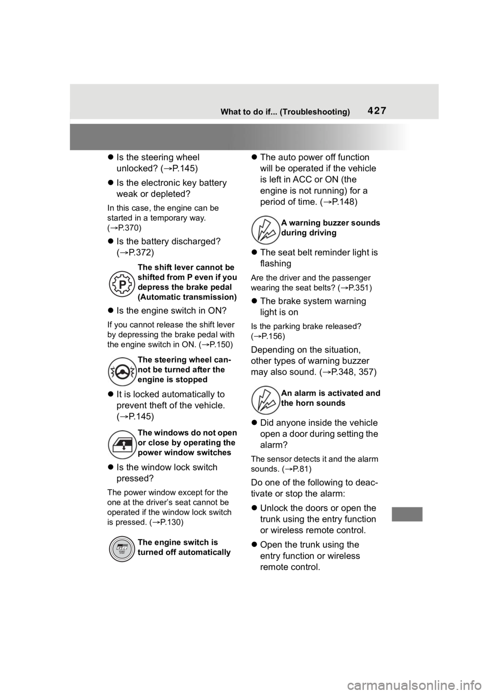 TOYOTA 86 2023 Owners Manual 427What to do if... (Troubleshooting)
Is the steering wheel
unlocked? ( P.145)
Is the electronic key battery
weak or depleted?
In this case, the engine can be
started in a temporary way. TOYOTA 86 2023 Owners Manual 427What to do if... (Troubleshooting)
Is the steering wheel
unlocked? ( P.145)
Is the electronic key battery
weak or depleted?
In this case, the engine can be
started in a temporary way.