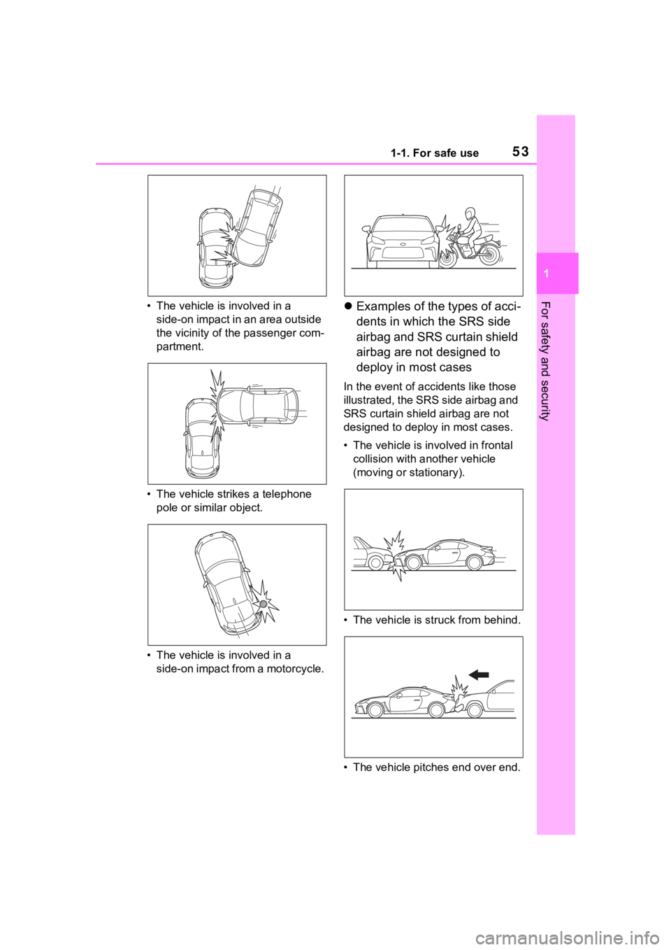 TOYOTA 86 2023 Workshop Manual 531-1. For safe use
1
For safety and security• The vehicle is involved in a side-on impact in an area outside
the vicinity of the passenger com-
partment.
• The vehicle strikes a telephone pole TOYOTA 86 2023 Workshop Manual 531-1. For safe use
1
For safety and security• The vehicle is involved in a side-on impact in an area outside
the vicinity of the passenger com-
partment.
• The vehicle strikes a telephone pole
