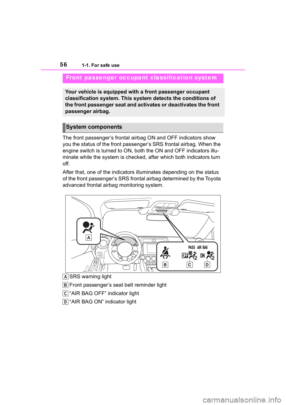 TOYOTA 86 2023 Workshop Manual 561-1. For safe use
The front passenger’s frontal airbag ON and OFF indicators show
you the status of the front passenger’s SRS frontal airbag. When the
engine switch is turned to ON, both the O TOYOTA 86 2023 Workshop Manual 561-1. For safe use
The front passenger’s frontal airbag ON and OFF indicators show
you the status of the front passenger’s SRS frontal airbag. When the
engine switch is turned to ON, both the O