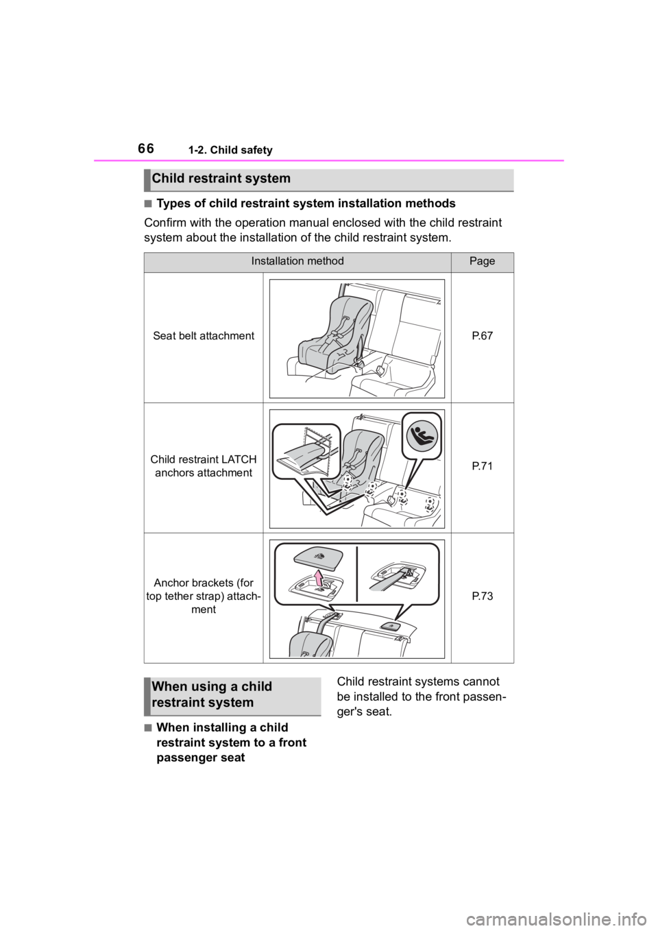 TOYOTA 86 2023 Repair Manual 661-2. Child safety
■Types of child restraint system installation methods
Confirm with the operation manual enclosed with the child restr aint
system about the installation of the child restraint s TOYOTA 86 2023 Repair Manual 661-2. Child safety
■Types of child restraint system installation methods
Confirm with the operation manual enclosed with the child restr aint
system about the installation of the child restraint s