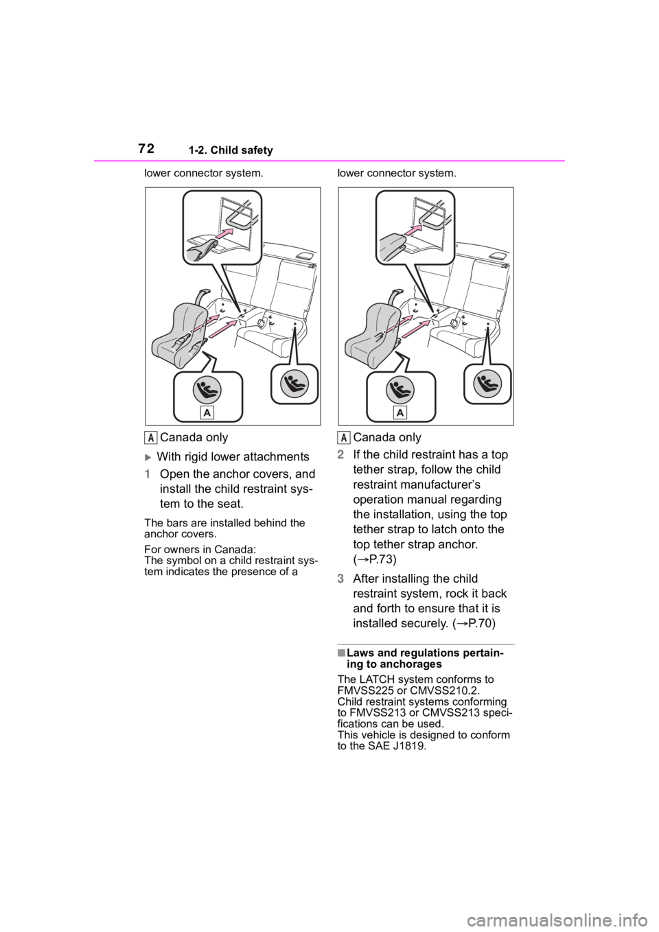 TOYOTA 86 2023 Manual PDF 721-2. Child safety
lower connector system.
Canada only
With rigid lower attachments
1 Open the anchor covers, and 
install the child restraint sys-
tem to the seat.
The bars are ins talled behind 