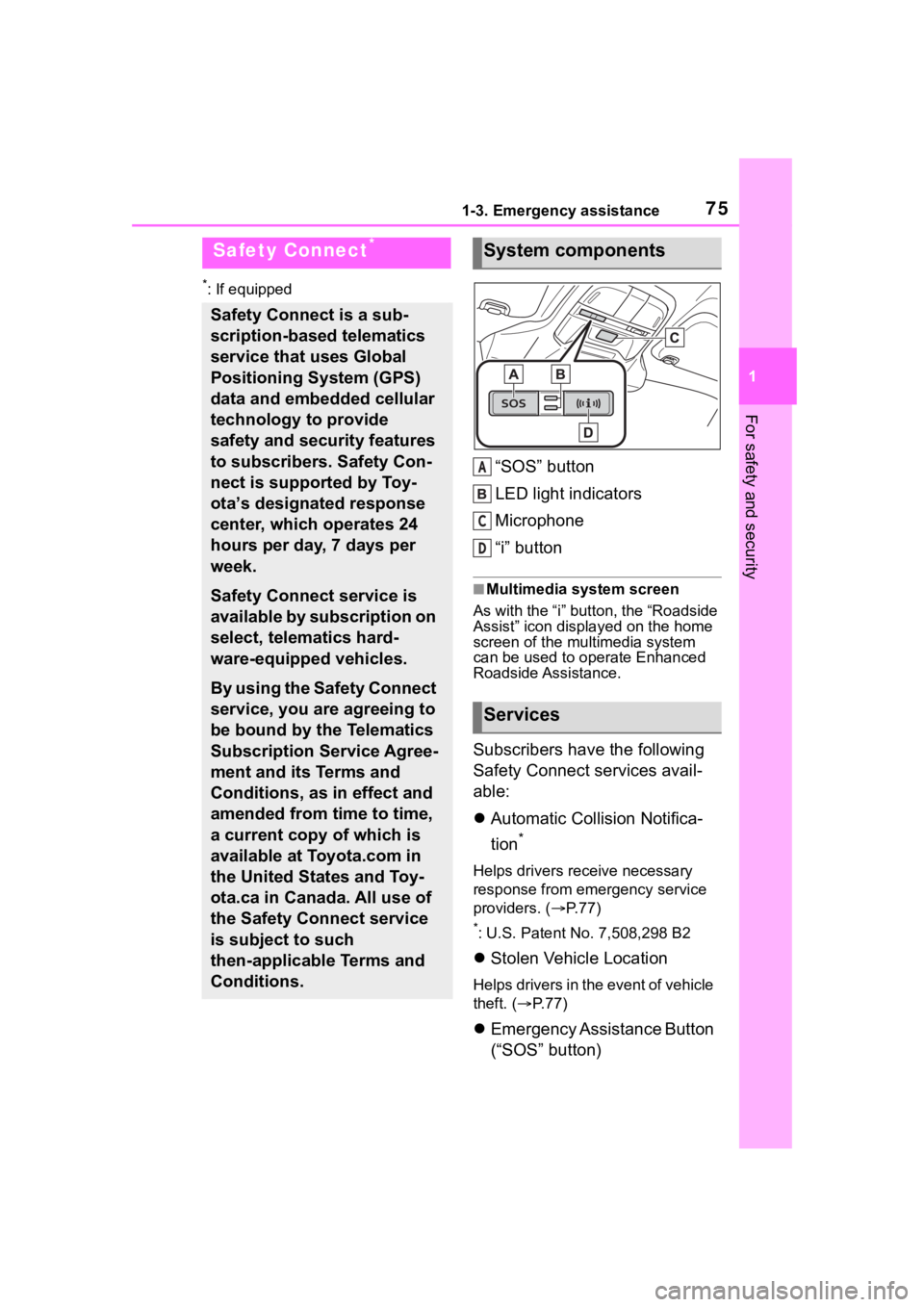 TOYOTA 86 2023 Manual PDF 751-3. Emergency assistance
1
For safety and security
1-3.Emergency assistance
*: If equipped
“SOS” button
LED light indicators
Microphone
“i” button
■Multimedia system screen
As with the 