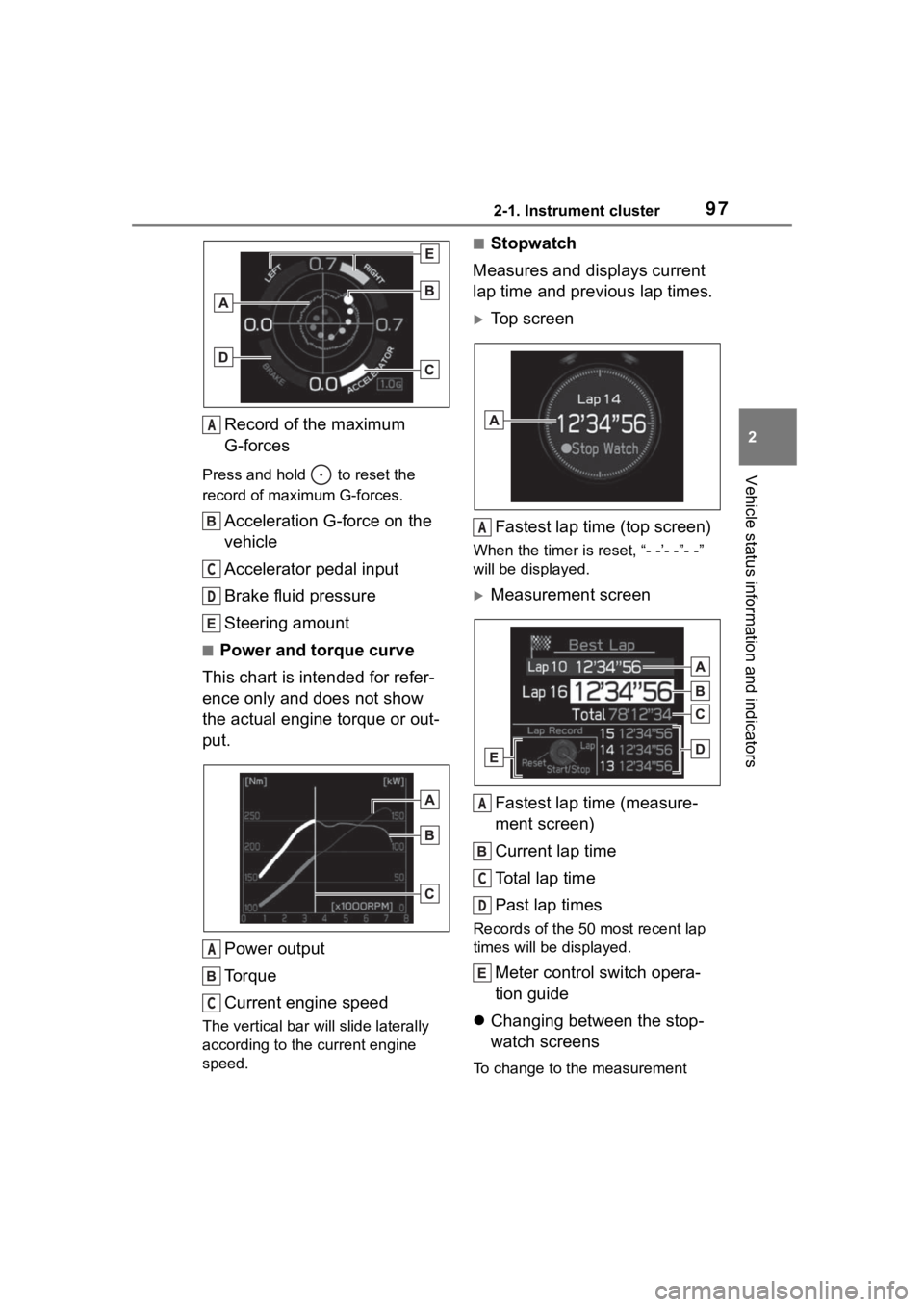 TOYOTA 86 2023 Owners Manual 972-1. Instrument cluster
2
Vehicle status information and indicators
Record of the maximum
G-forces
Press and hold to reset the
record of maximum G-forces.
Acceleration G-force on the
vehicle
Ac TOYOTA 86 2023 Owners Manual 972-1. Instrument cluster
2
Vehicle status information and indicators
Record of the maximum
G-forces
Press and hold to reset the
record of maximum G-forces.
Acceleration G-force on the
vehicle
Ac