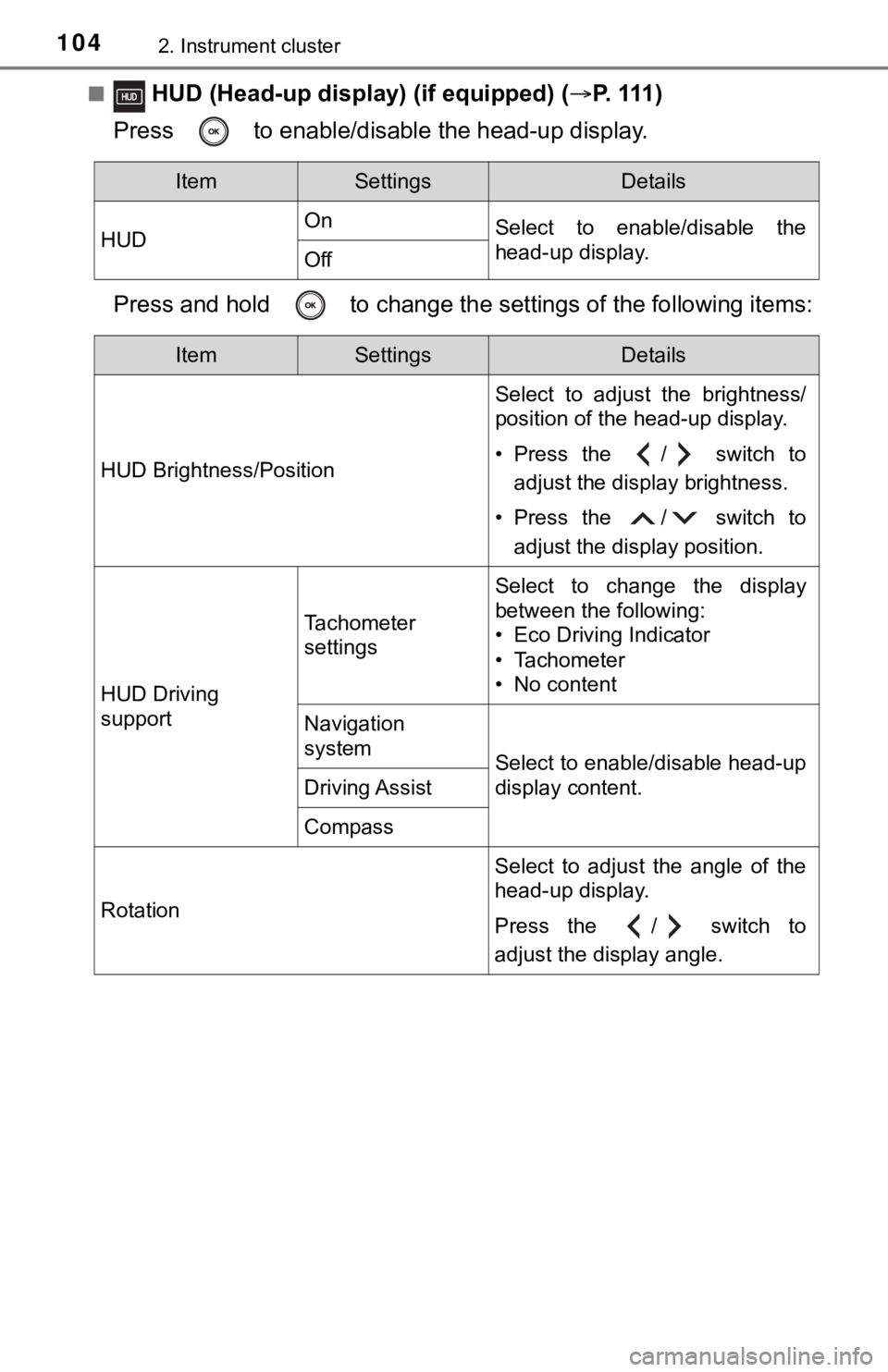 TOYOTA AVALON 2022 Owners Manual 1042. Instrument cluster
■ HUD (Head-up display) (if equipped) (P. 111 )
Press to enable/disable the head-up display.
Press and hold to change the se ttings of the following items:
ItemSetti TOYOTA AVALON 2022 Owners Manual 1042. Instrument cluster
■ HUD (Head-up display) (if equipped) (P. 111 )
Press to enable/disable the head-up display.
Press and hold to change the se ttings of the following items:
ItemSetti