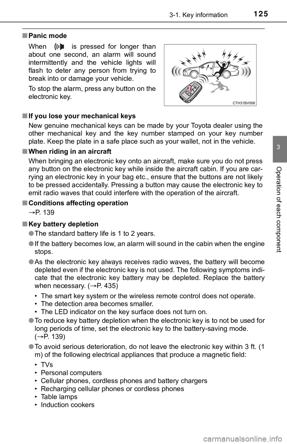 TOYOTA AVALON 2022  Owners Manual 1253-1. Key information
3
Operation of each component
■Panic mode
■ If you lose your mechanical keys
New genuine mechanical keys can be made by your Toyota dealer u sing the
other  mechanical  key