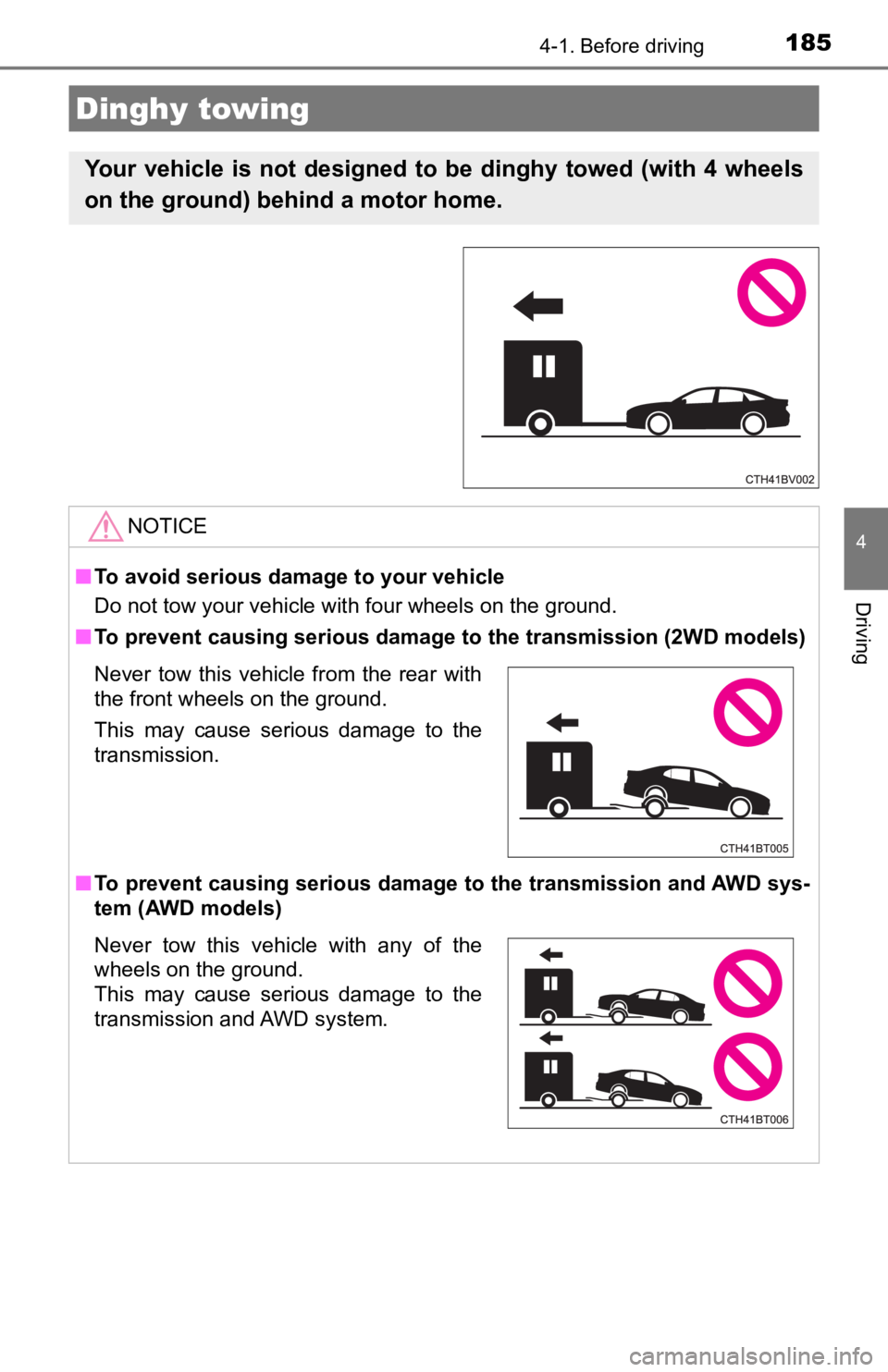 TOYOTA AVALON 2022  Owners Manual 1854-1. Before driving
4
Driving
Dinghy towing
Your  vehicle  is  not  designed  to  be  dinghy  towed  (with  4  wheels
on the ground) behind a motor home. 
NOTICE
■To avoid serious damage to your 