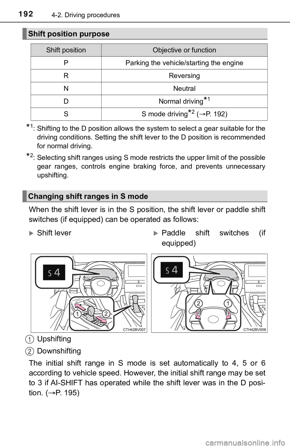 TOYOTA AVALON 2022 Repair Manual 1924-2. Driving procedures
*1: Shifting to the D position allows the system to select a gear suitable for the
driving conditions. Setting the shift lever to the D position is recommended
for normal dr TOYOTA AVALON 2022 Repair Manual 1924-2. Driving procedures
*1: Shifting to the D position allows the system to select a gear suitable for the
driving conditions. Setting the shift lever to the D position is recommended
for normal dr