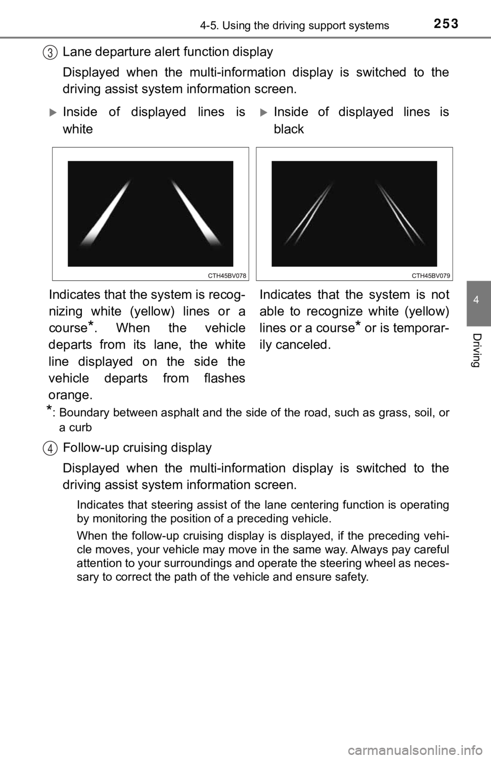 TOYOTA AVALON 2022 Owners Manual 2534-5. Using the driving support systems
4
Driving
Lane departure alert function display
Displayed when the multi-informat ion display is switched to the
driving assist system information scr TOYOTA AVALON 2022 Owners Manual 2534-5. Using the driving support systems
4
Driving
Lane departure alert function display
Displayed when the multi-informat ion display is switched to the
driving assist system information scr