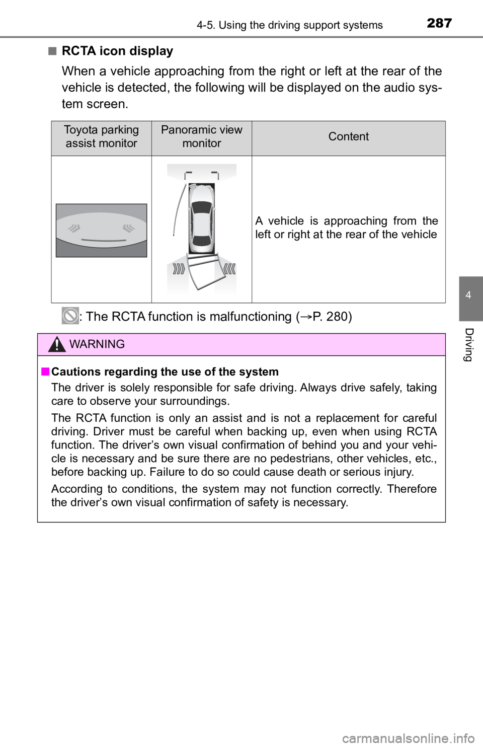 TOYOTA AVALON 2022 Owners Manual 2874-5. Using the driving support systems
4
Driving
■RCTA icon display
When a vehicle approaching from the right or left at the rear of the
vehicle is detected, the following will be displayed on th TOYOTA AVALON 2022 Owners Manual 2874-5. Using the driving support systems
4
Driving
■RCTA icon display
When a vehicle approaching from the right or left at the rear of the
vehicle is detected, the following will be displayed on th