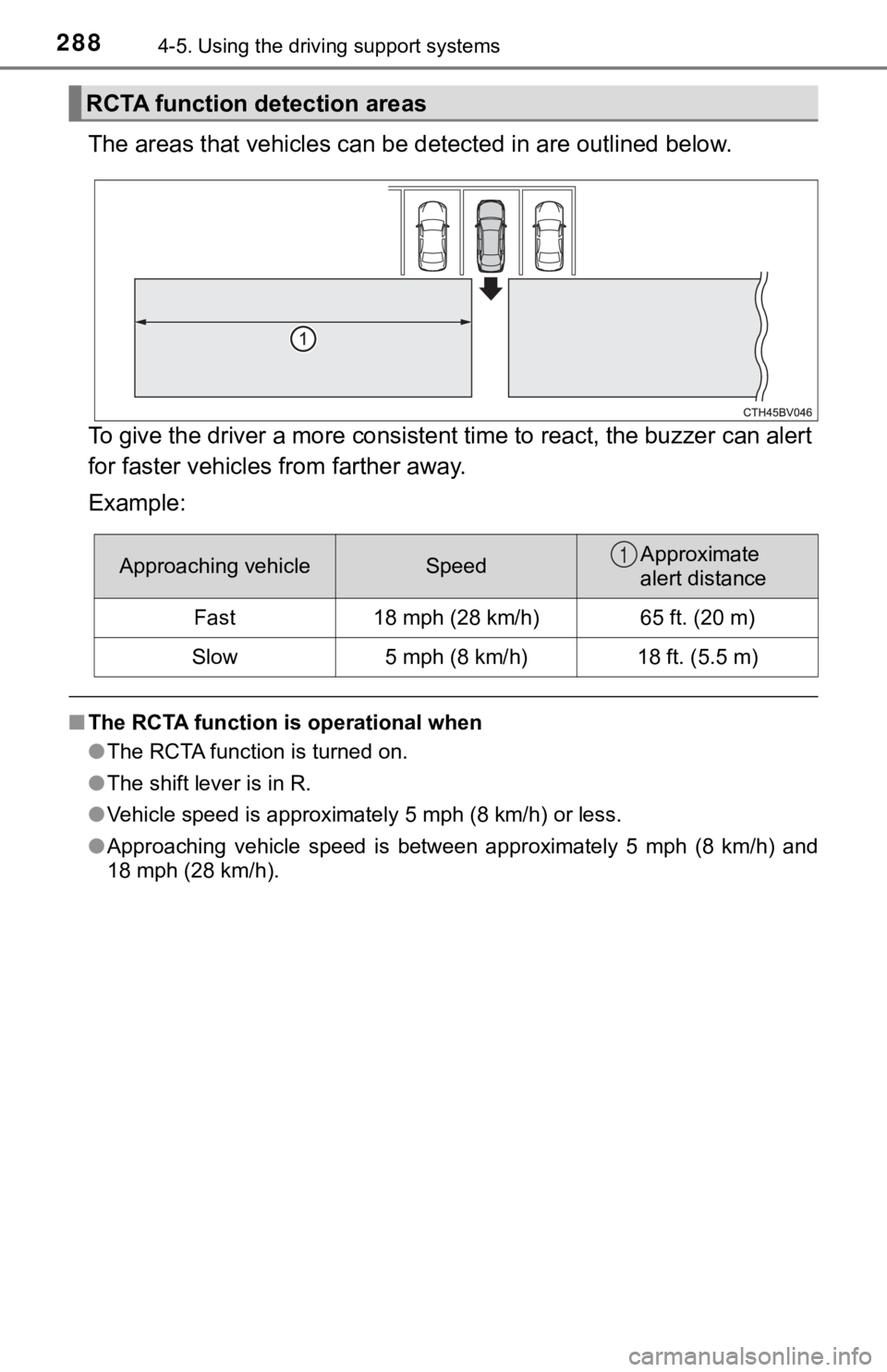 TOYOTA AVALON 2022 Owners Manual 2884-5. Using the driving support systems
The areas that vehicles can be detected in are outlined below.
To give the driver a more consistent time to react, the buzzer can alert
for faster vehicles TOYOTA AVALON 2022 Owners Manual 2884-5. Using the driving support systems
The areas that vehicles can be detected in are outlined below.
To give the driver a more consistent time to react, the buzzer can alert
for faster vehicles